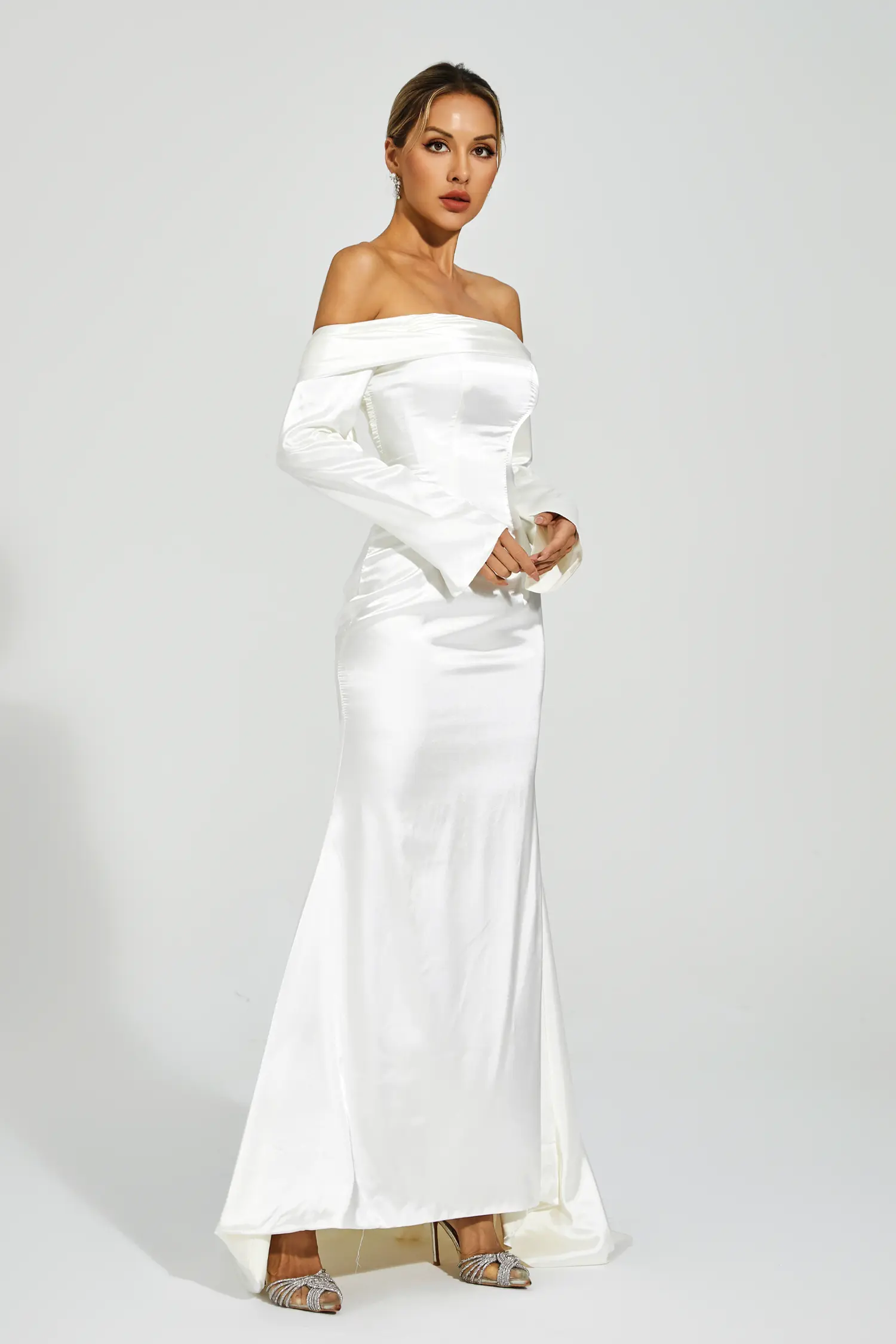 Joyce White Off-shoulder Maxi Satin Dress-CATCHALL