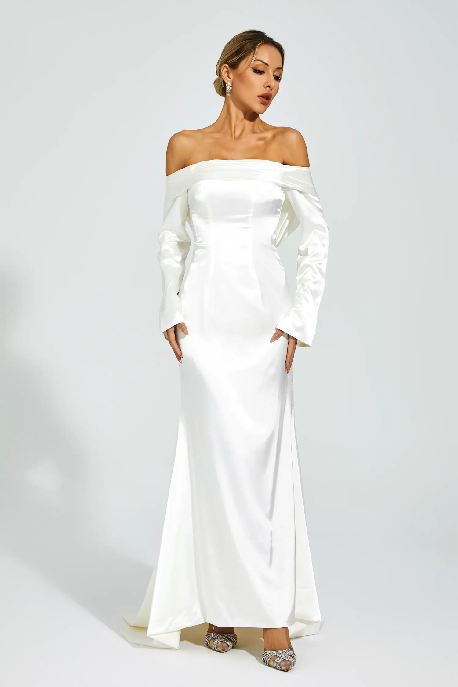 Joyce White Off-shoulder Maxi Satin Dress-CATCHALL