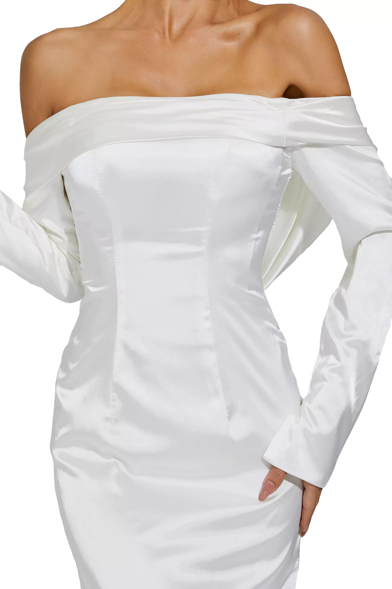 Joyce White Off-shoulder Maxi Satin Dress-CATCHALL