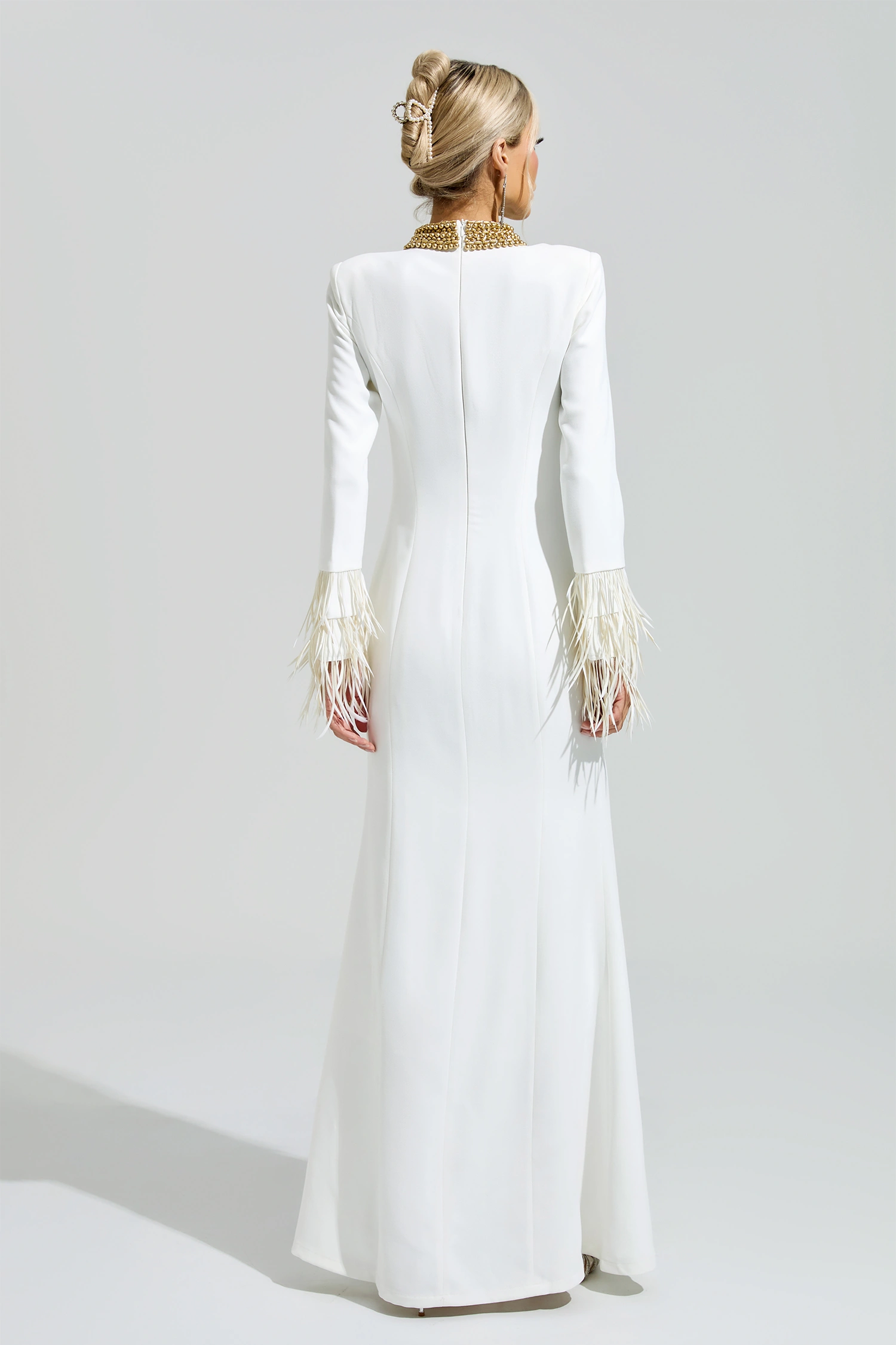 Lorca White Collar Feather Maxi Dress