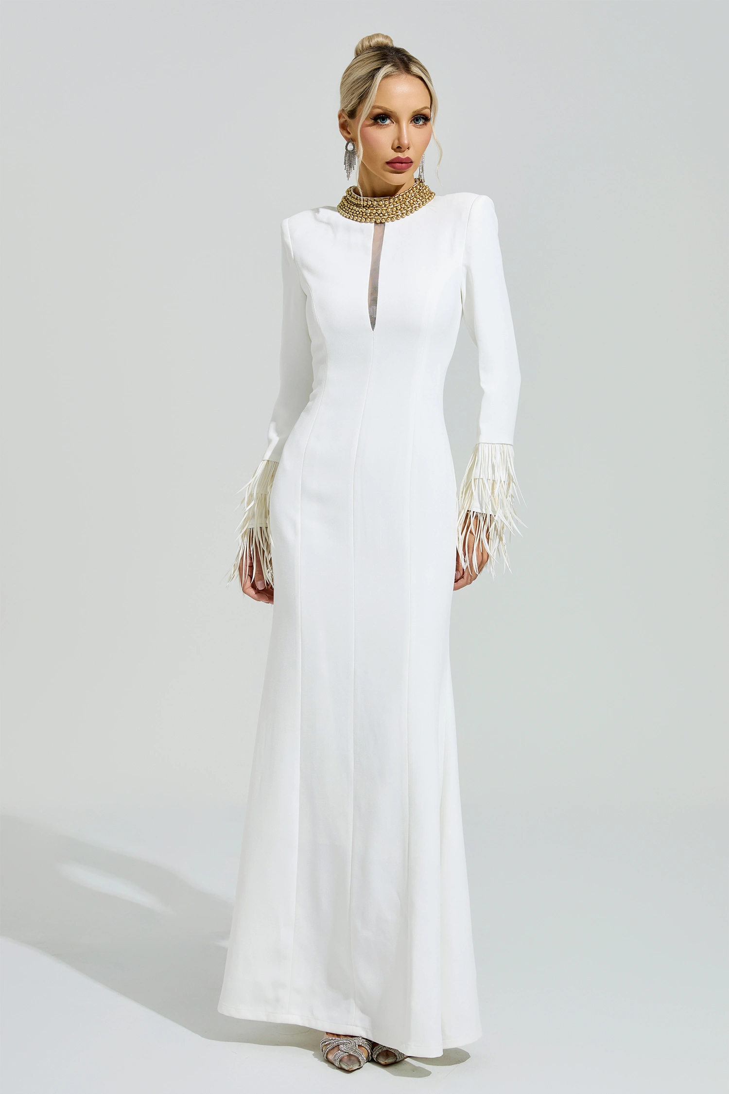 Lorca White Collar Feather Maxi Dress