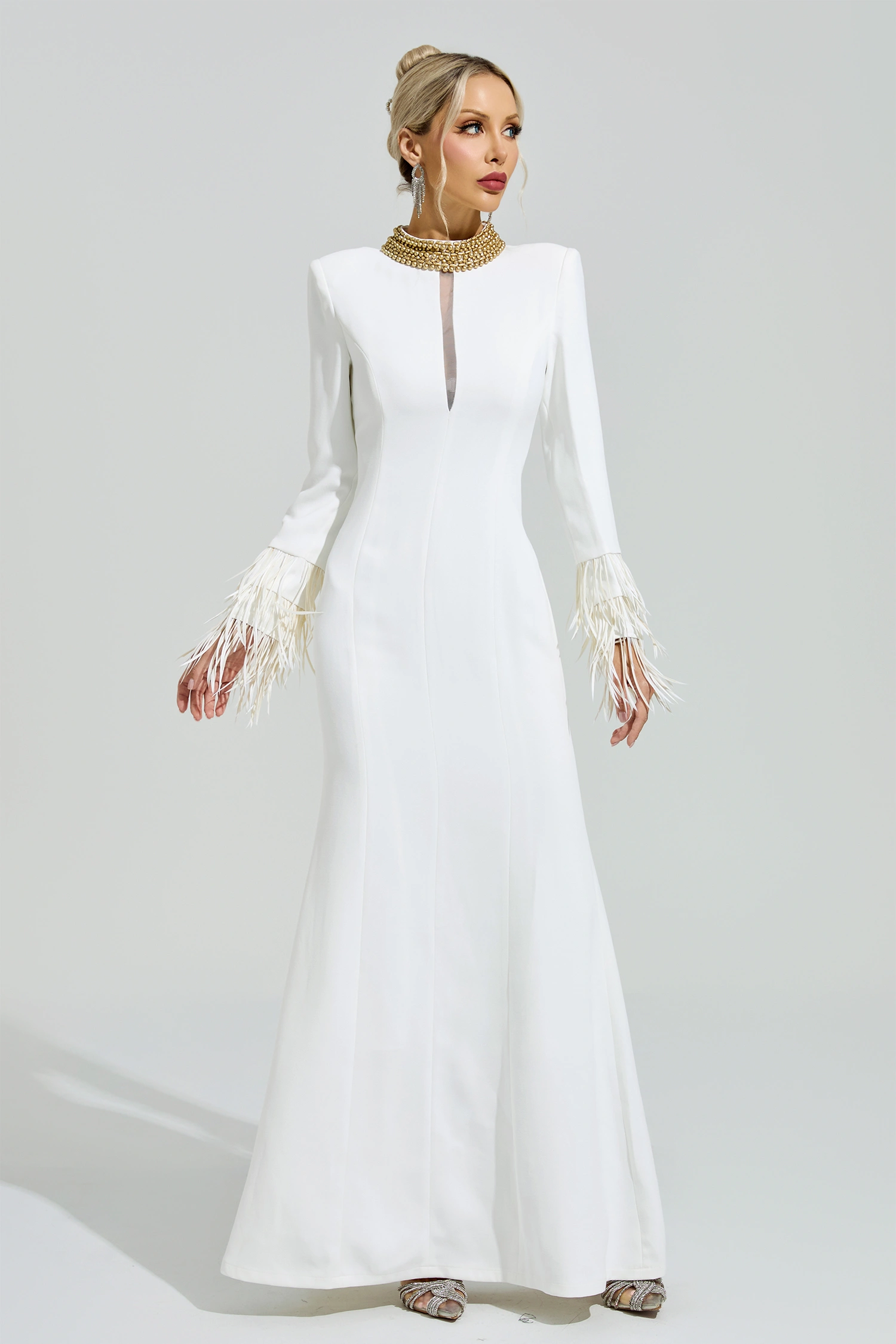 Lorca White Collar Feather Maxi Dress