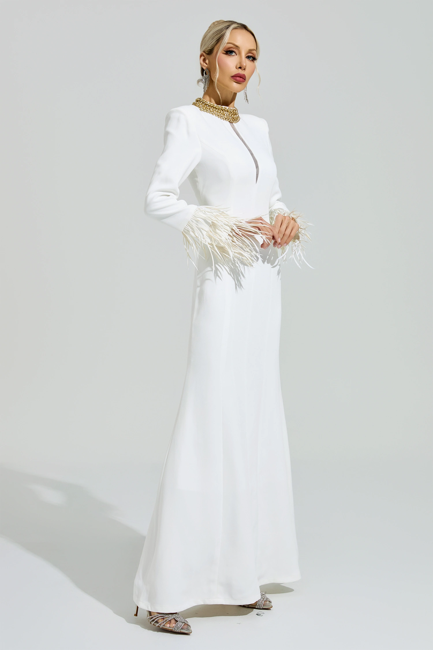 Lorca White Collar Feather Maxi Dress