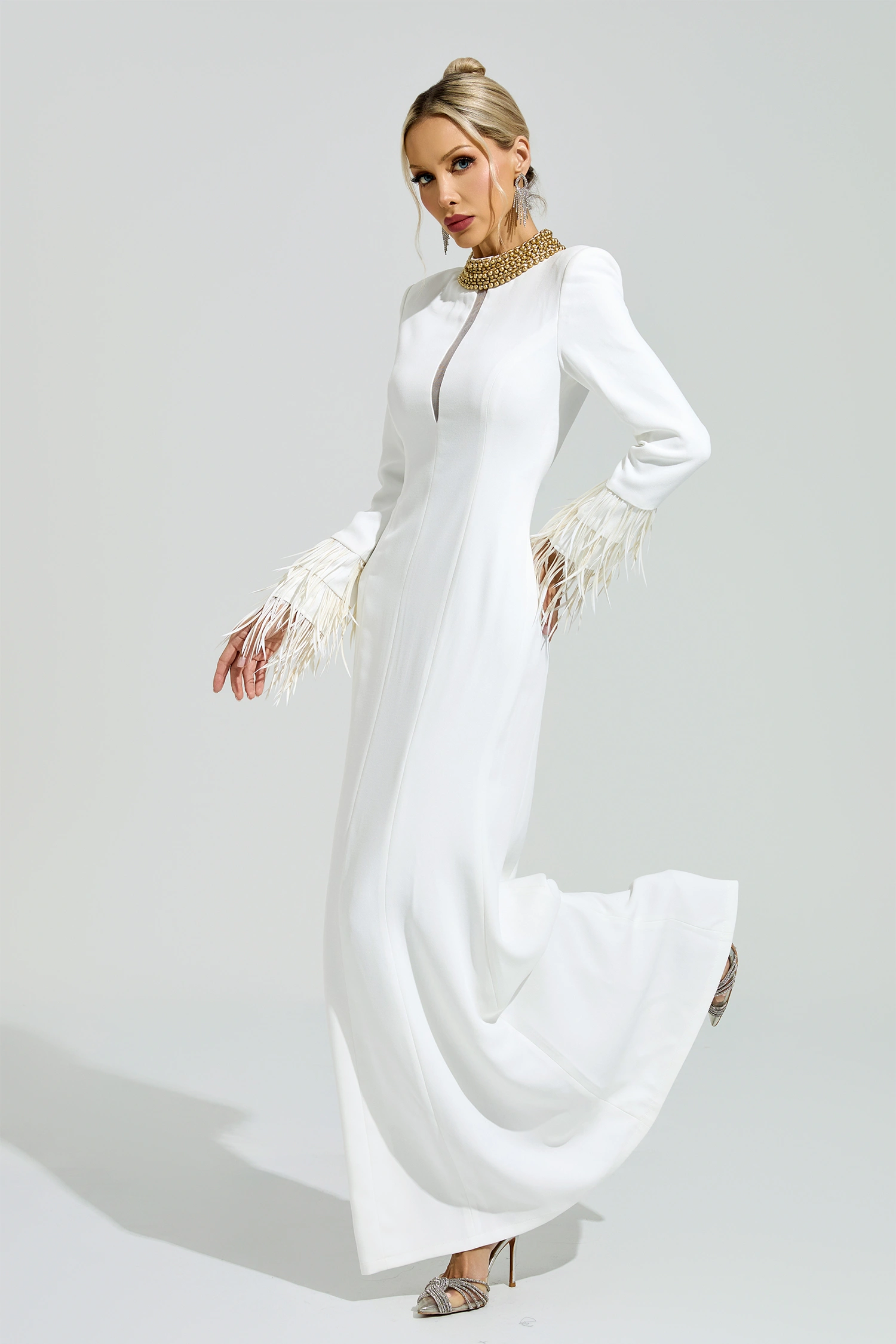 Lorca White Collar Feather Maxi Dress