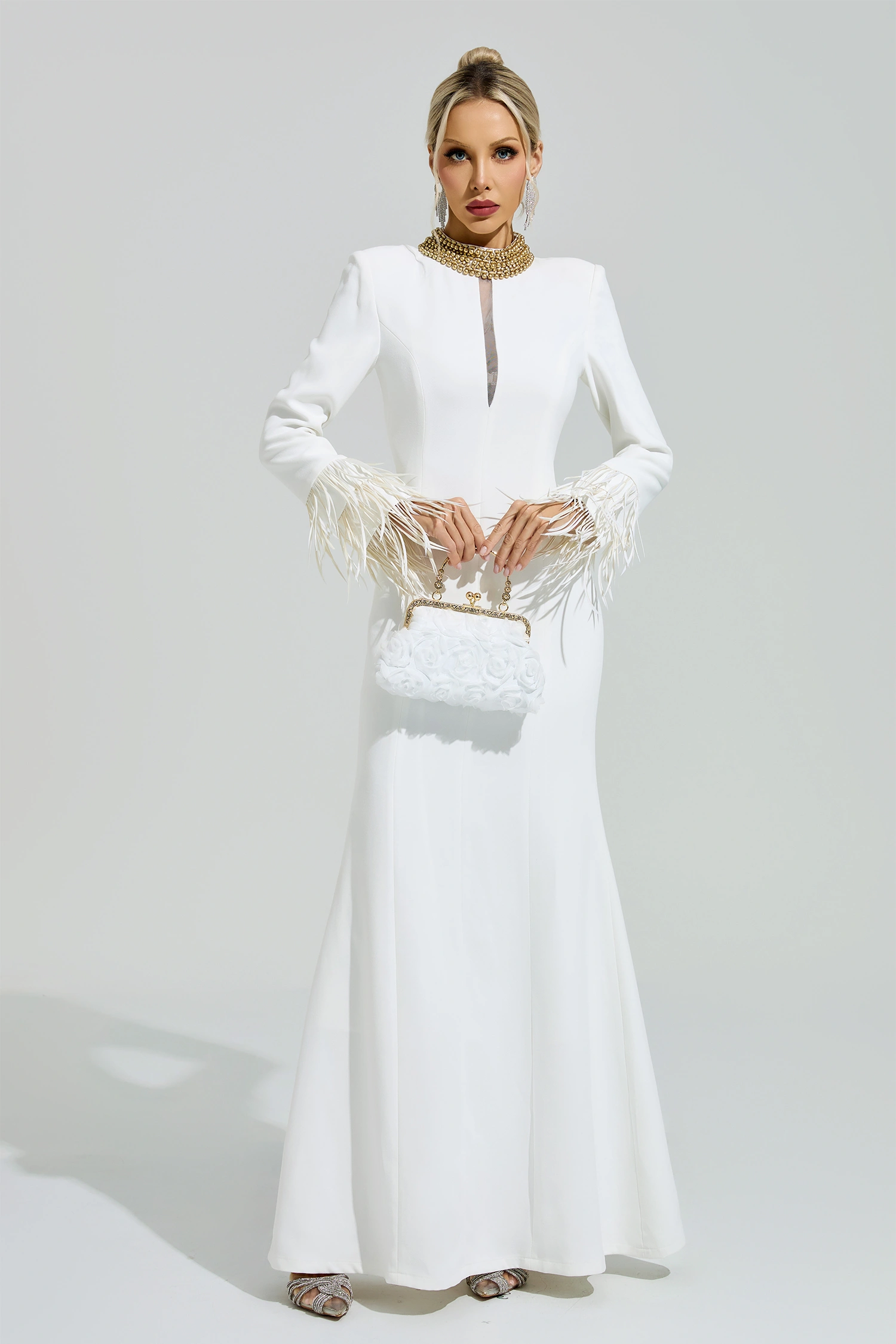 Lorca White Collar Feather Maxi Dress