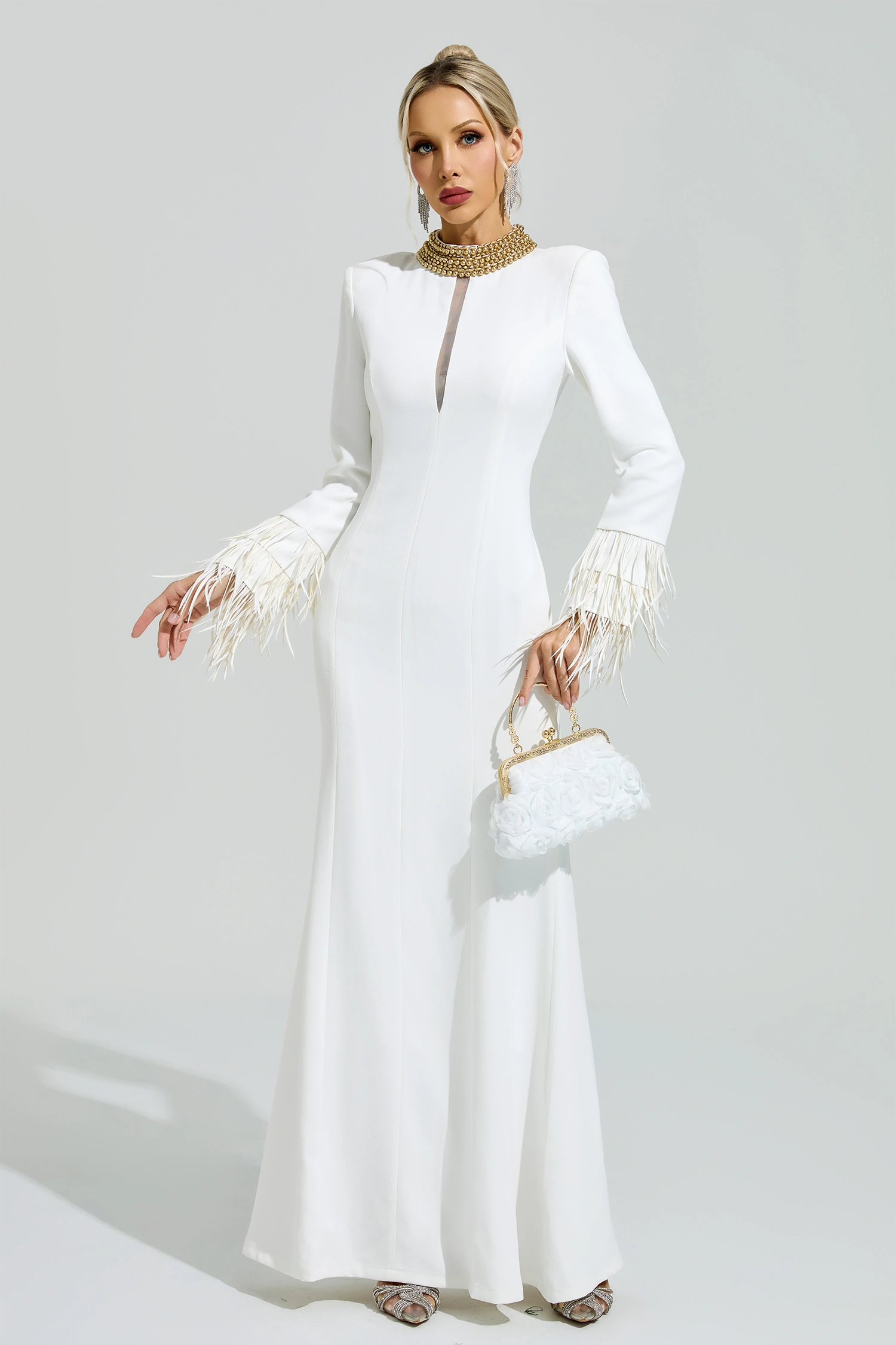 Lorca White Collar Feather Maxi Dress