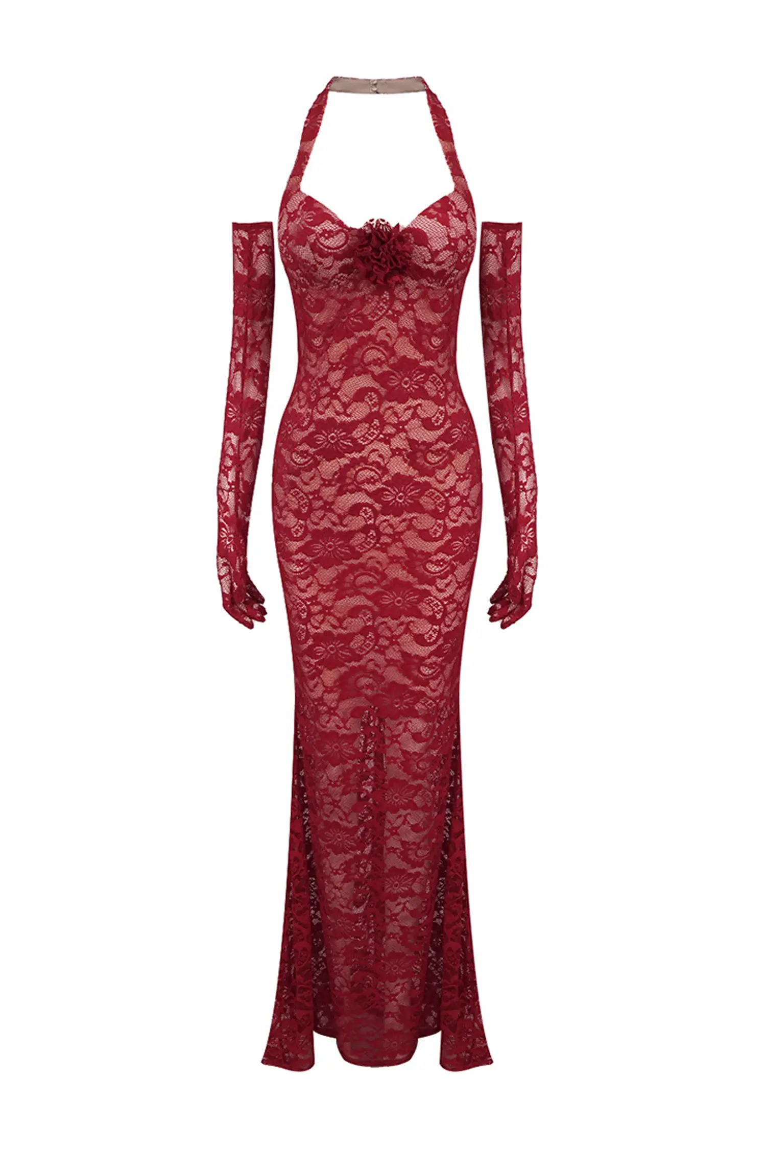 Marjorie Red Rose Lace Halter Maxi Dress-CATCHALL