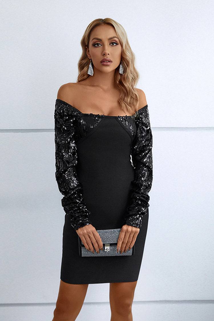 Leila Black Off Shoulder Sequin Mini Dress-CATCHALL