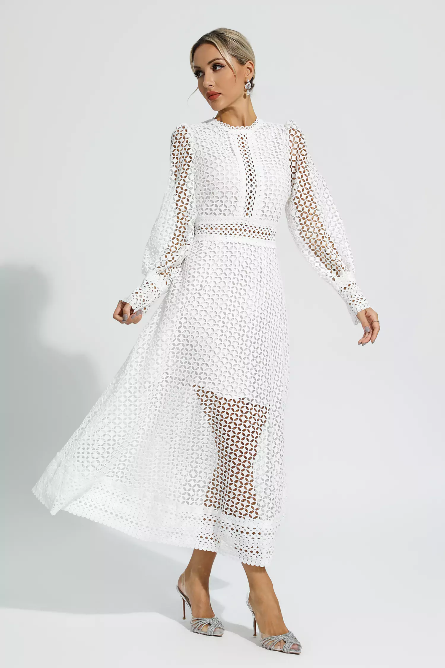 Monroe White Hollow Long Sleeve Maxi Dress-CATCHALL