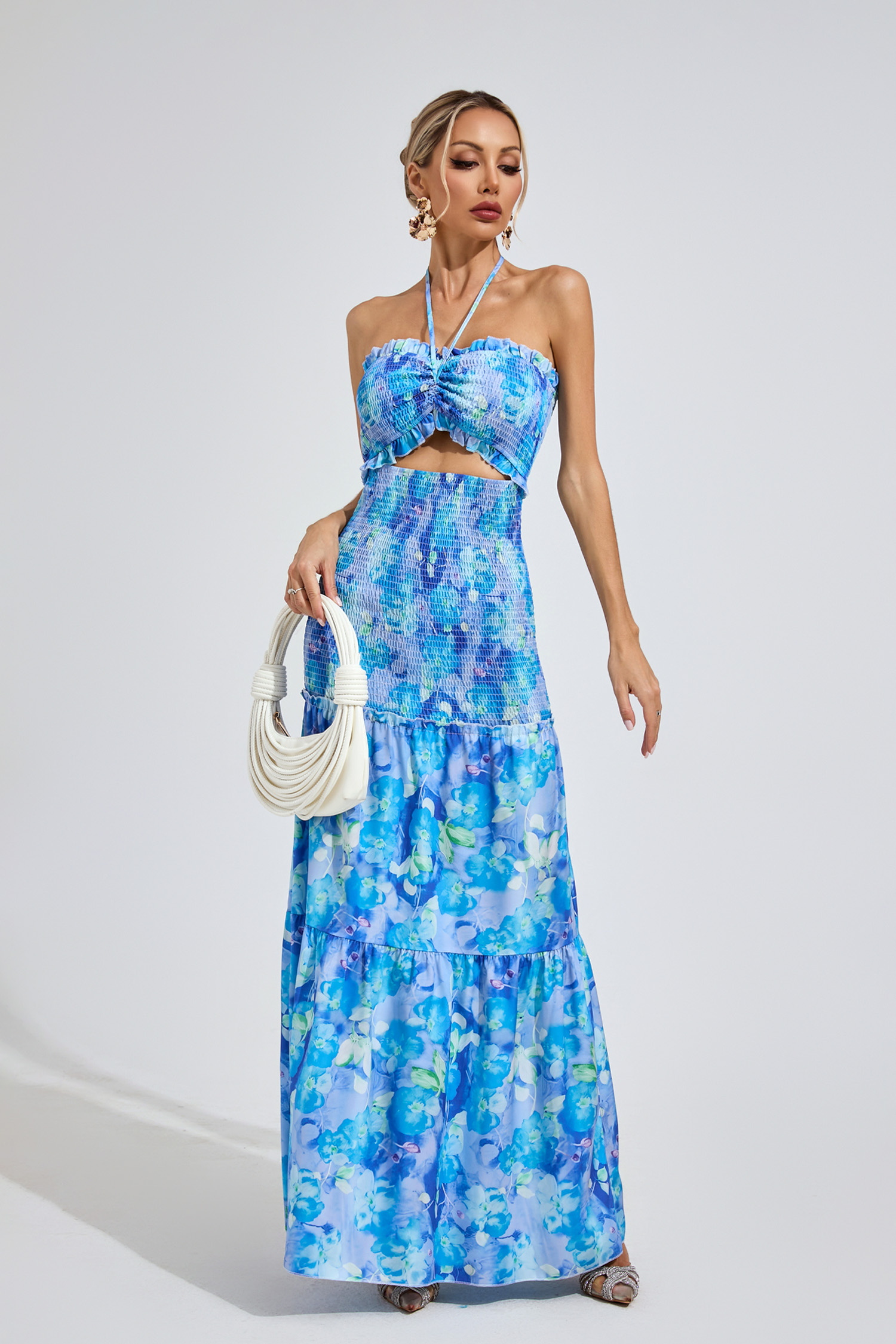 Jenkins Sapphire Blue RUFFLE Halternecck Dress
