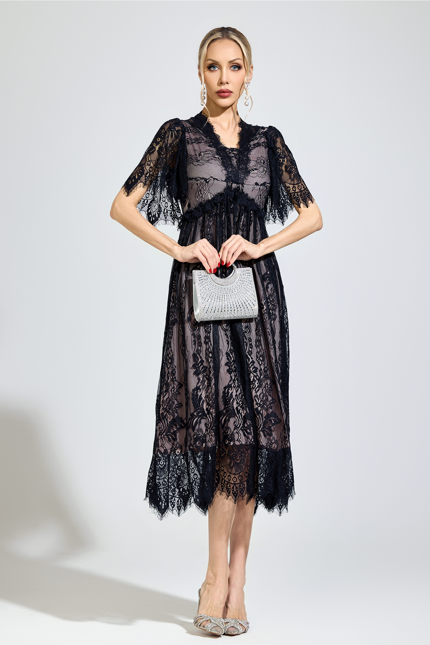 Descartes Black Lace V-Neck Dress
