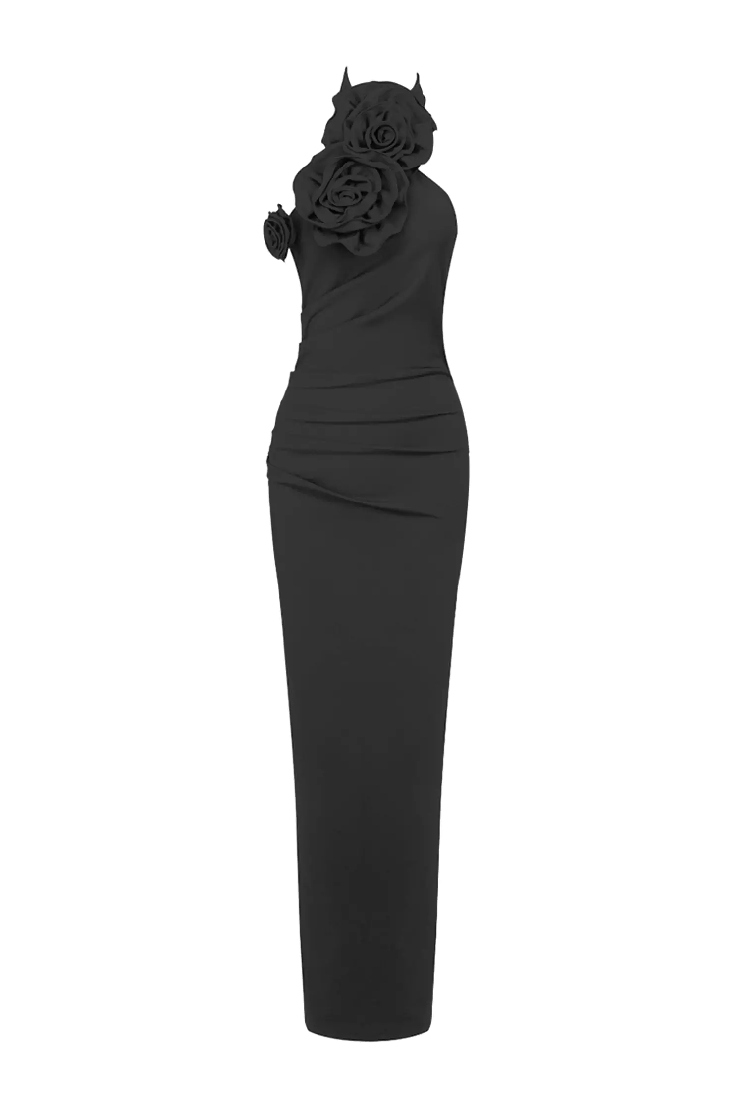 Aylin Black Floral Ruched Halter Maxi Dress-CATCHALL
