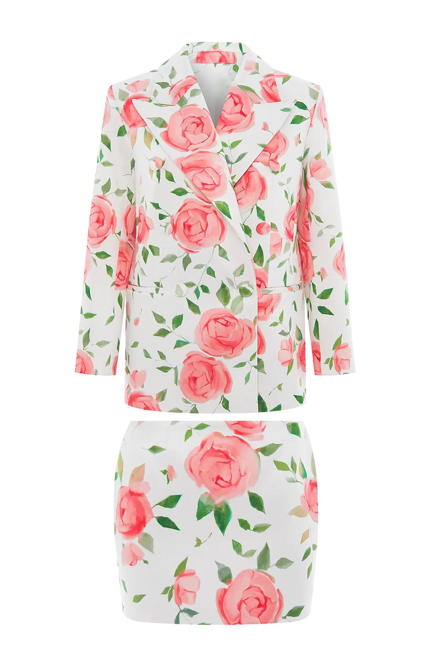 Electra White Rose Printed Blazer Set-CATCHALL