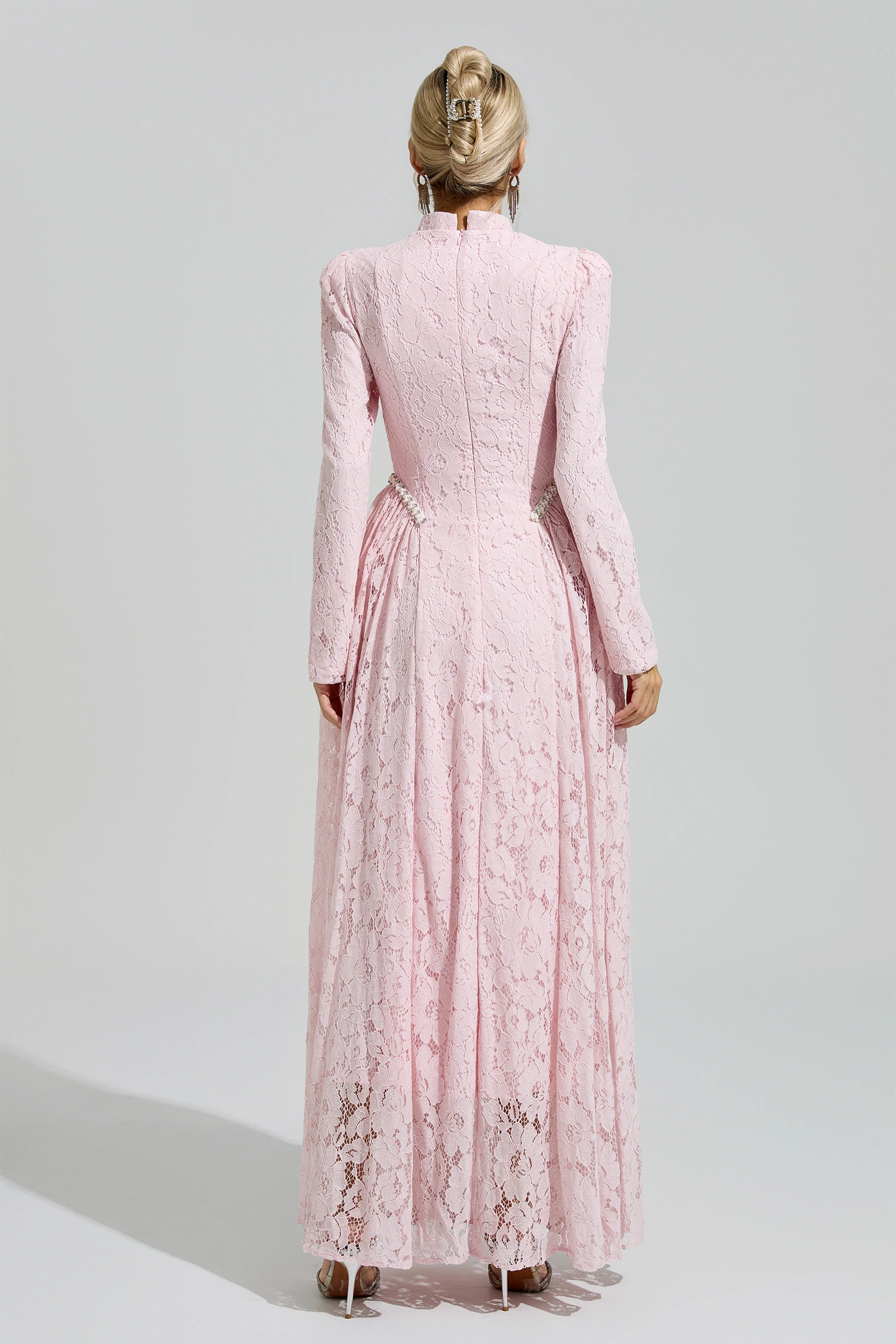 Frege Pink Lace Embroidered Maxi Dress