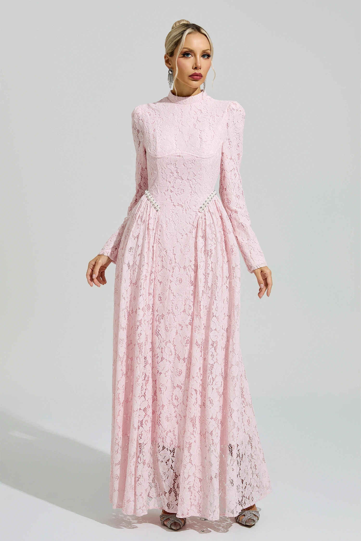 Frege Pink Lace Embroidered Maxi Dress