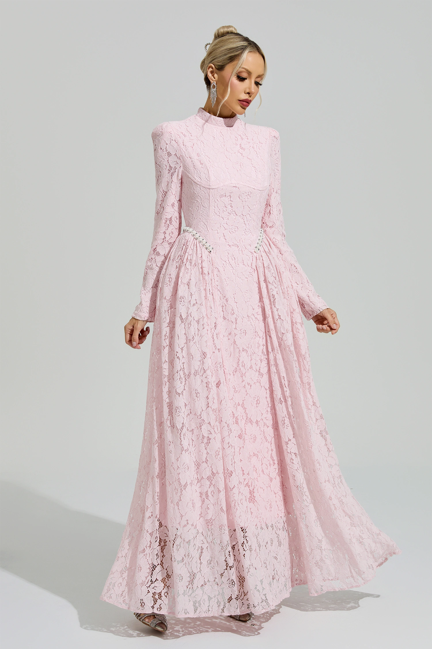 Frege Pink Lace Embroidered Maxi Dress