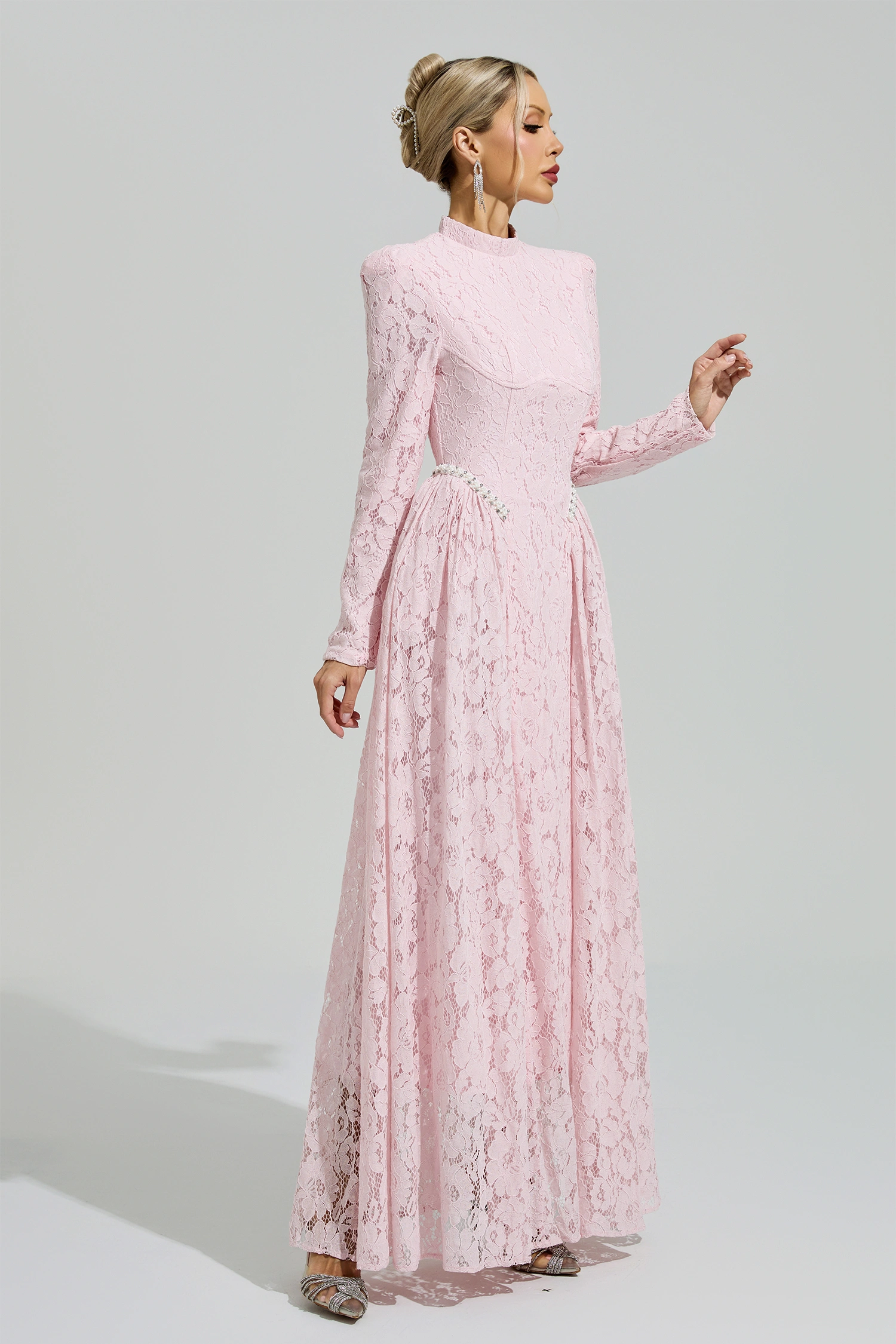 Frege Pink Lace Embroidered Maxi Dress
