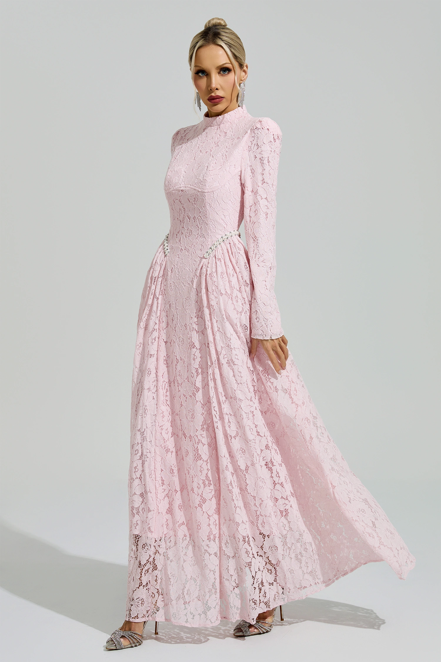 Frege Pink Lace Embroidered Maxi Dress