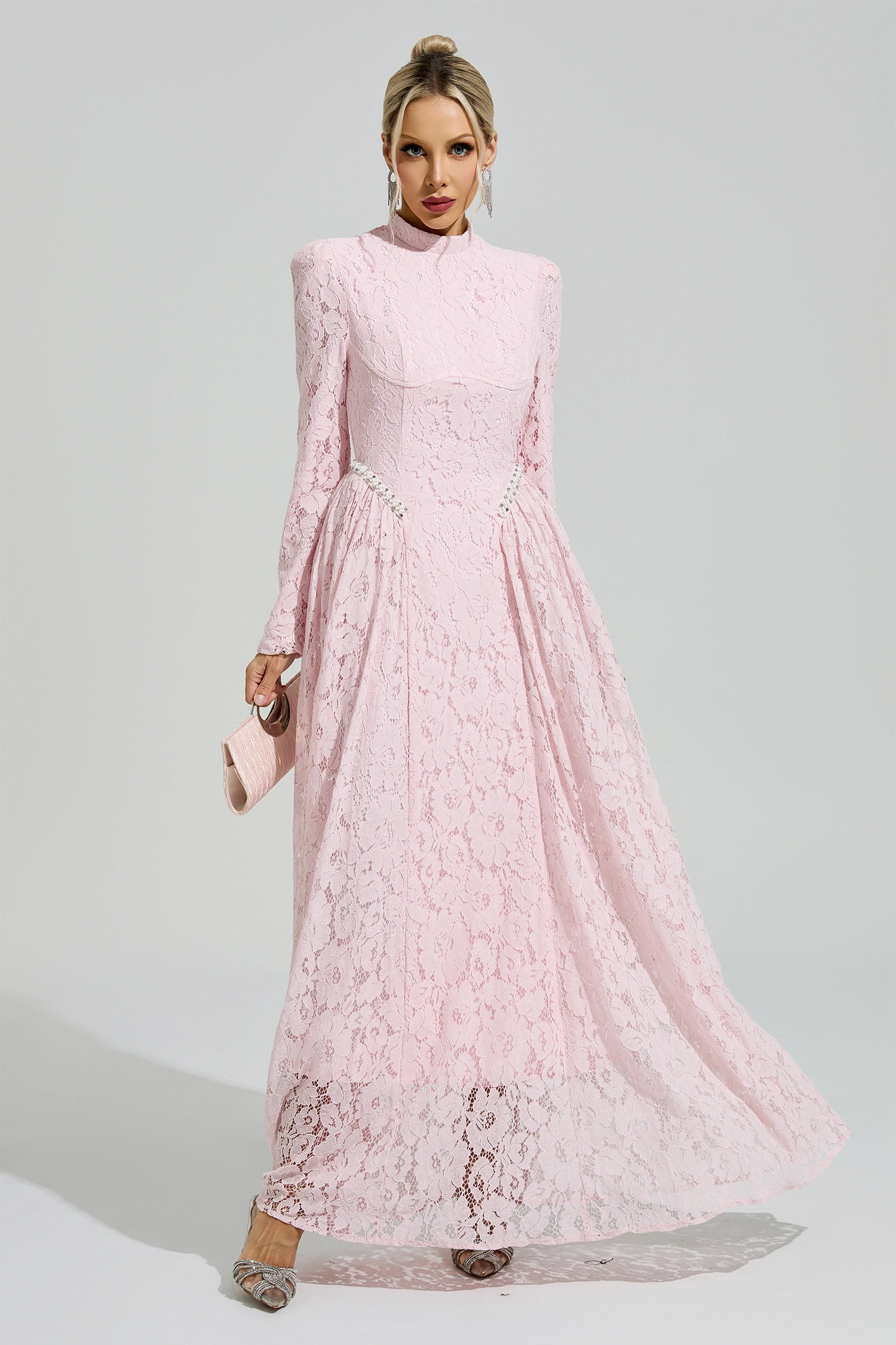 Frege Pink Lace Embroidered Maxi Dress