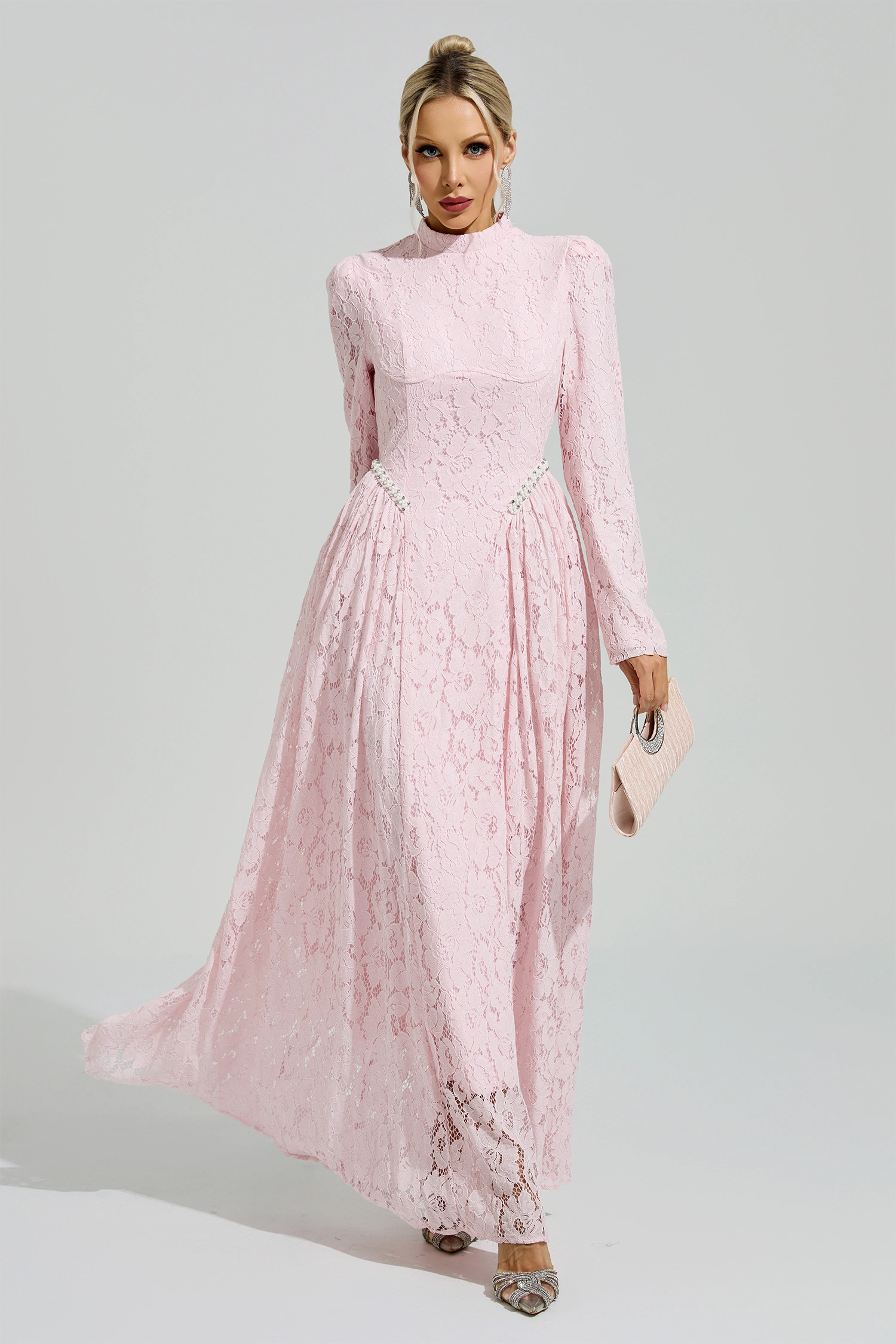 Frege Pink Lace Embroidered Maxi Dress