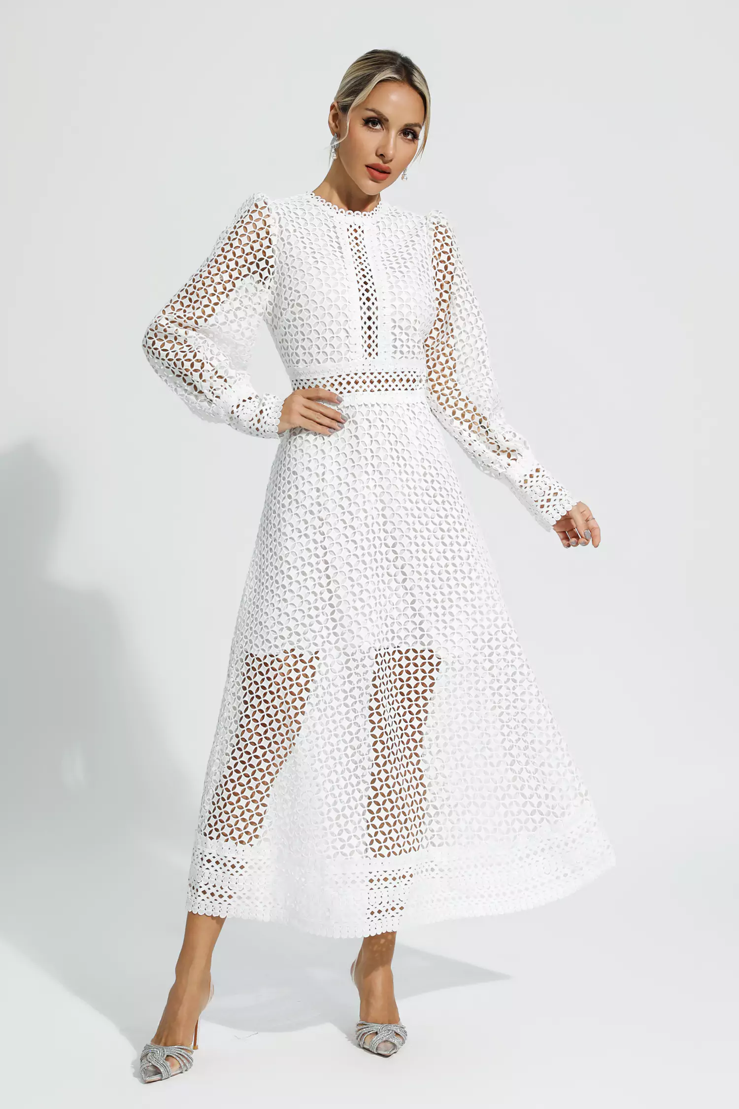 Monroe White Hollow Long Sleeve Maxi Dress-CATCHALL