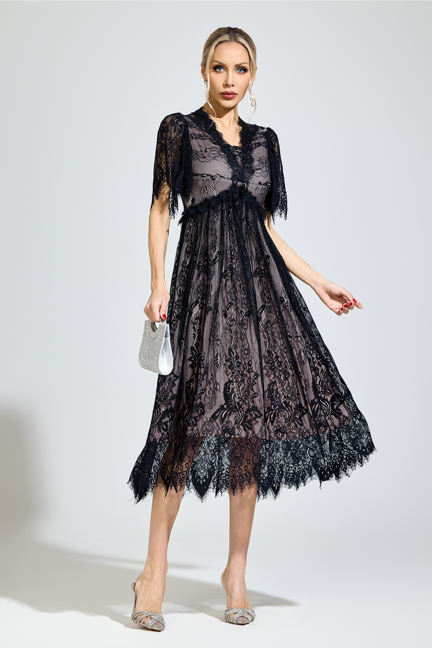 Descartes Black Lace V-Neck Dress