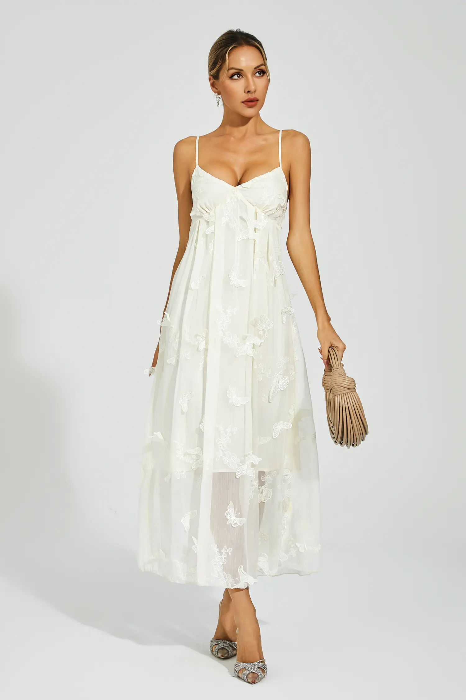 Araceli White Butterfly Embroidery Slip Dress-CATCHALL