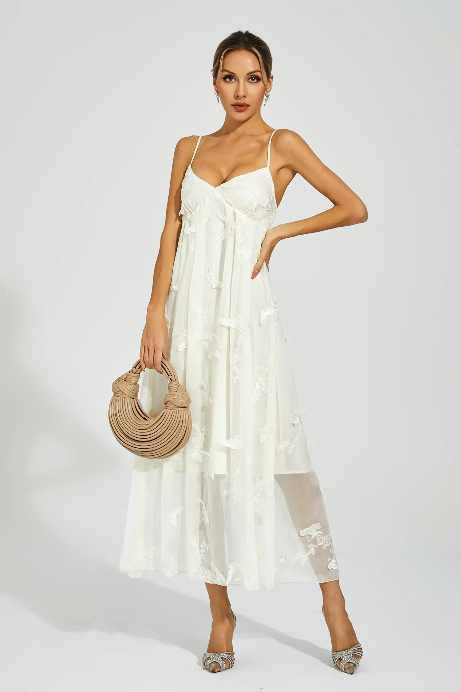 Araceli White Butterfly Embroidery Slip Dress-CATCHALL