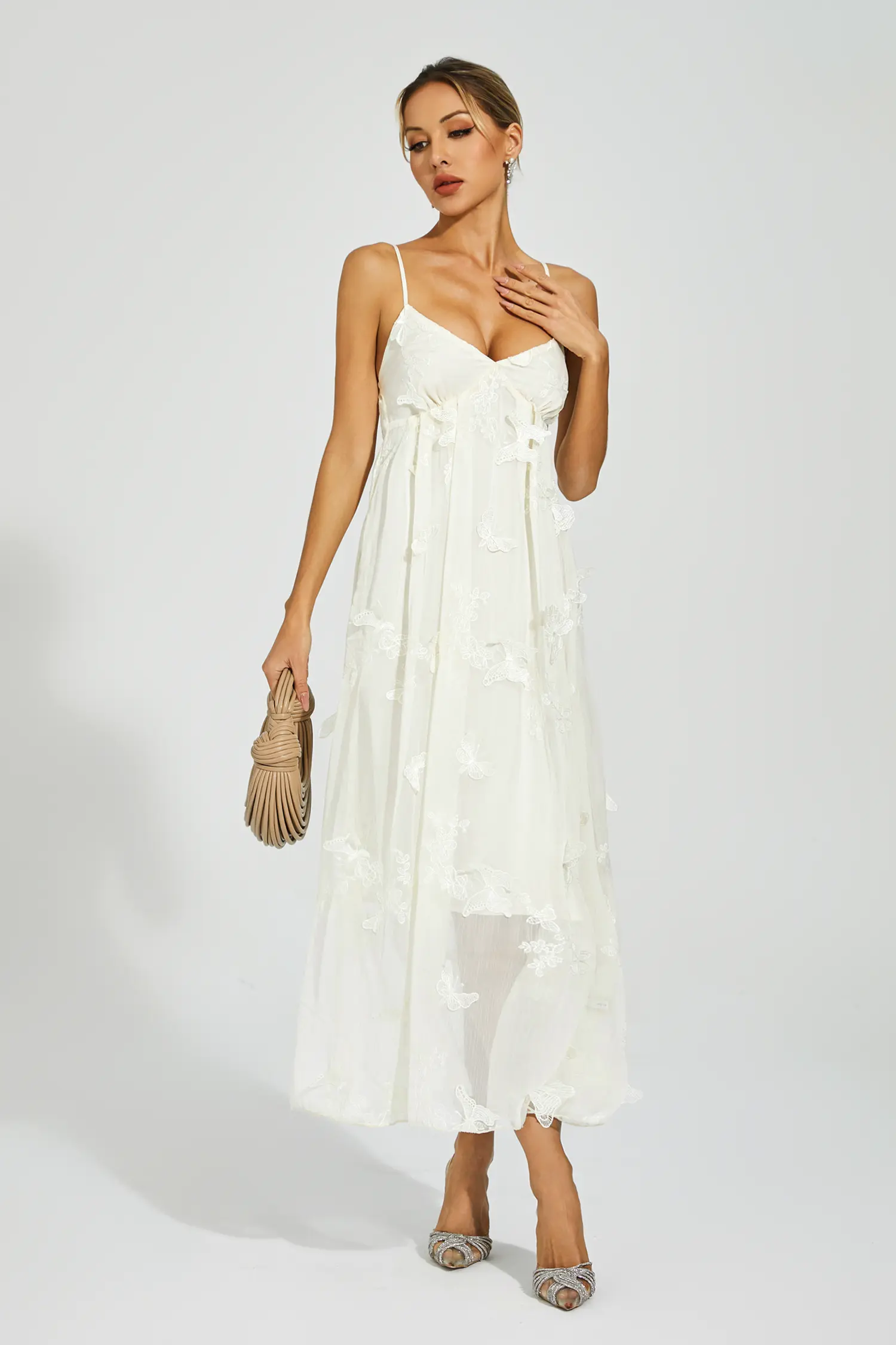 Araceli White Butterfly Embroidery Slip Dress-CATCHALL