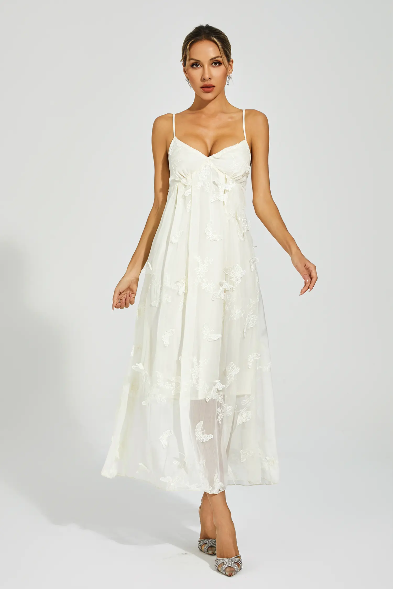 Araceli White Butterfly Embroidery Slip Dress-CATCHALL