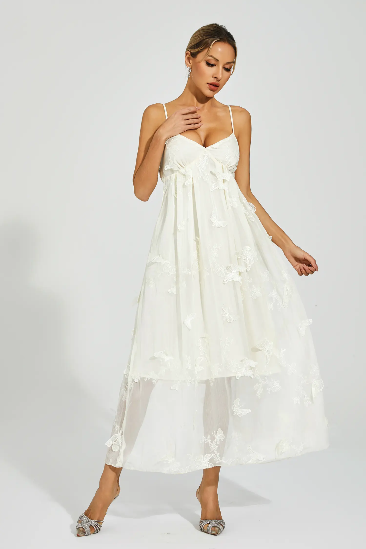 Araceli White Butterfly Embroidery Slip Dress-CATCHALL