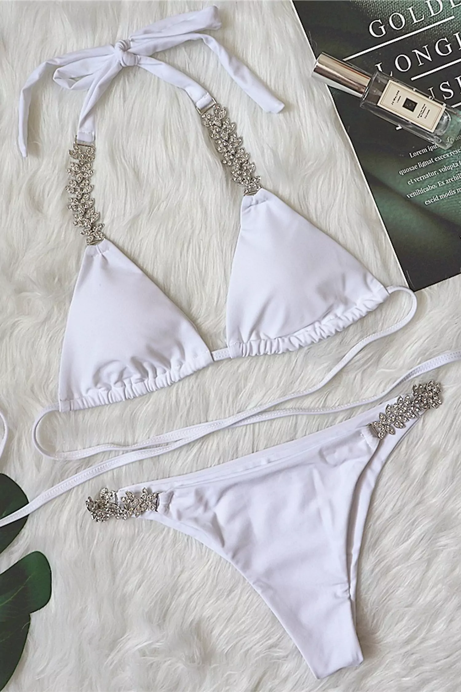 Vida White Halter Chain Bikinis-CATCHALL