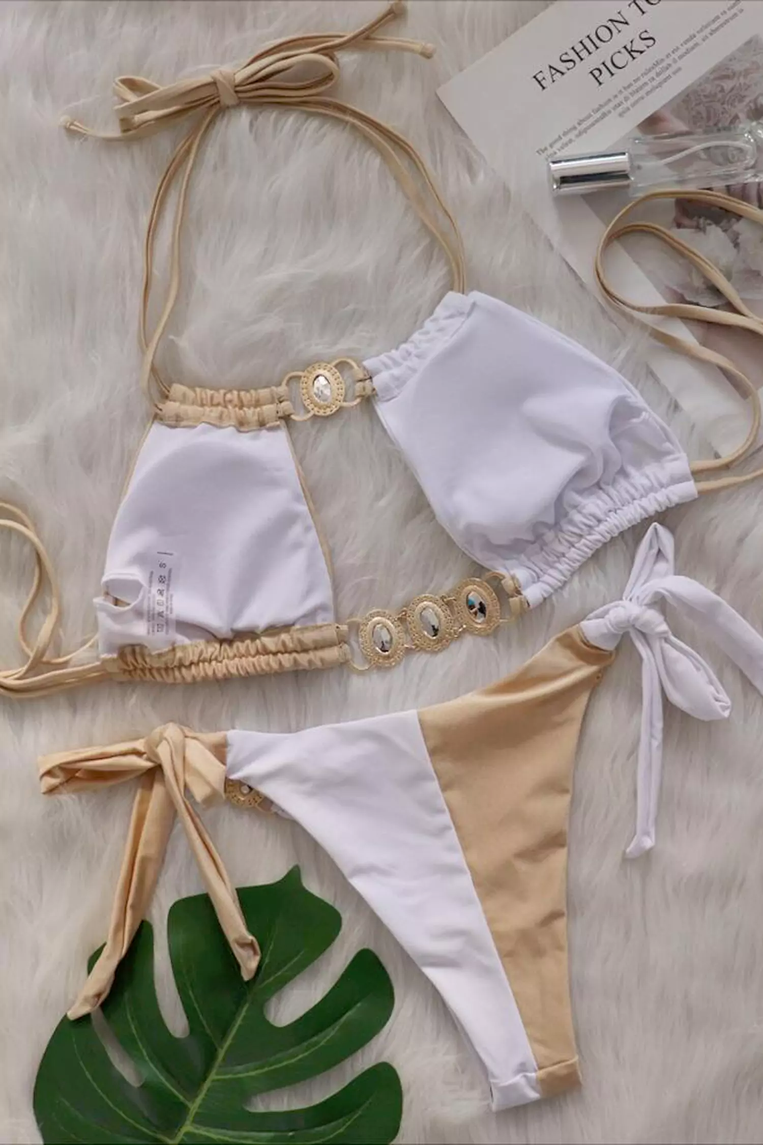 Givens White Brown Colored Halter Bikini-CATCHALL