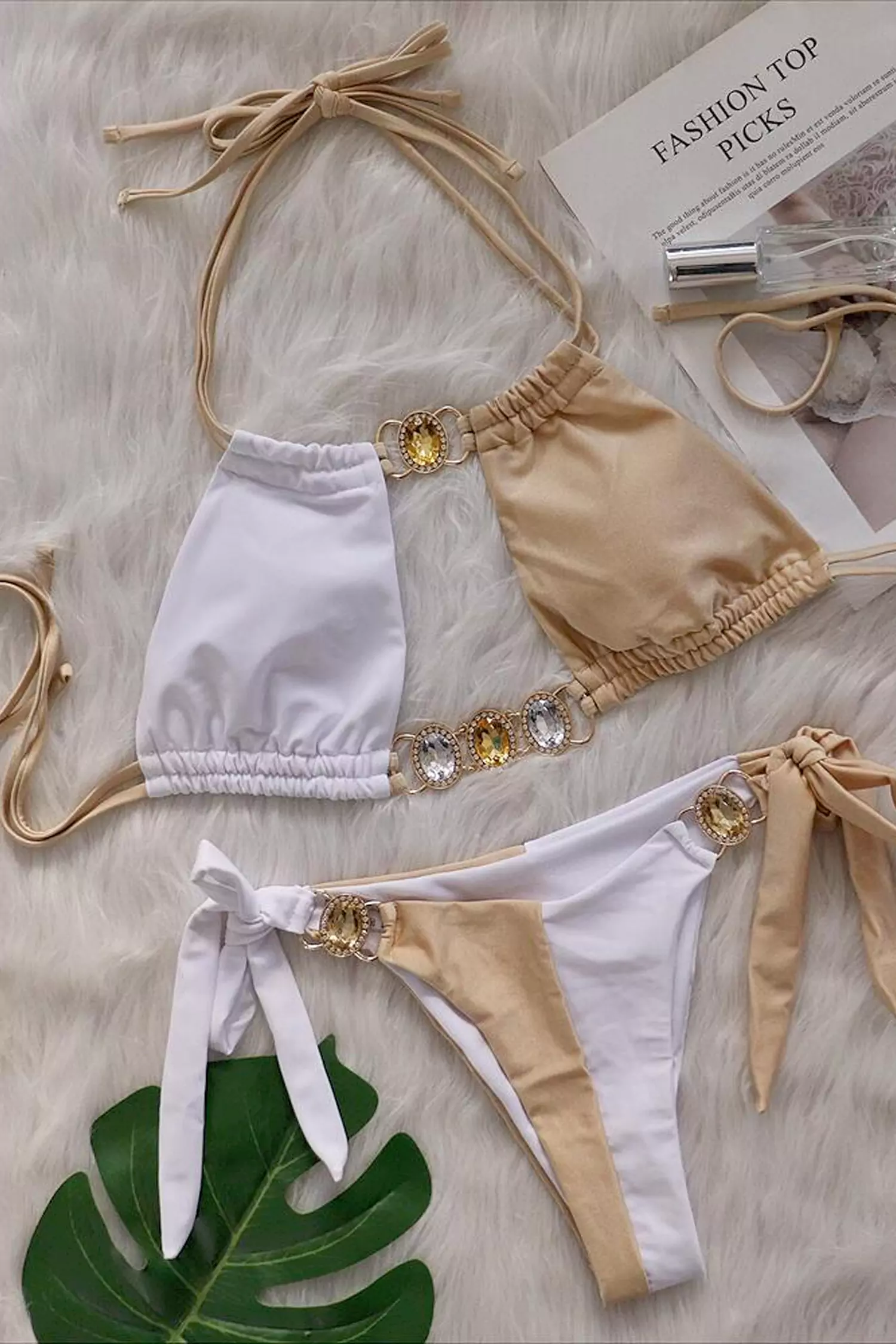 Givens White Brown Colored Halter Bikini-CATCHALL