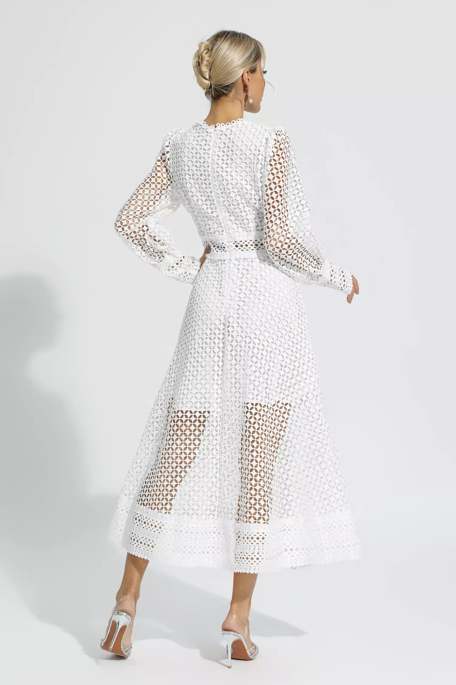 Monroe White Hollow Long Sleeve Maxi Dress-CATCHALL