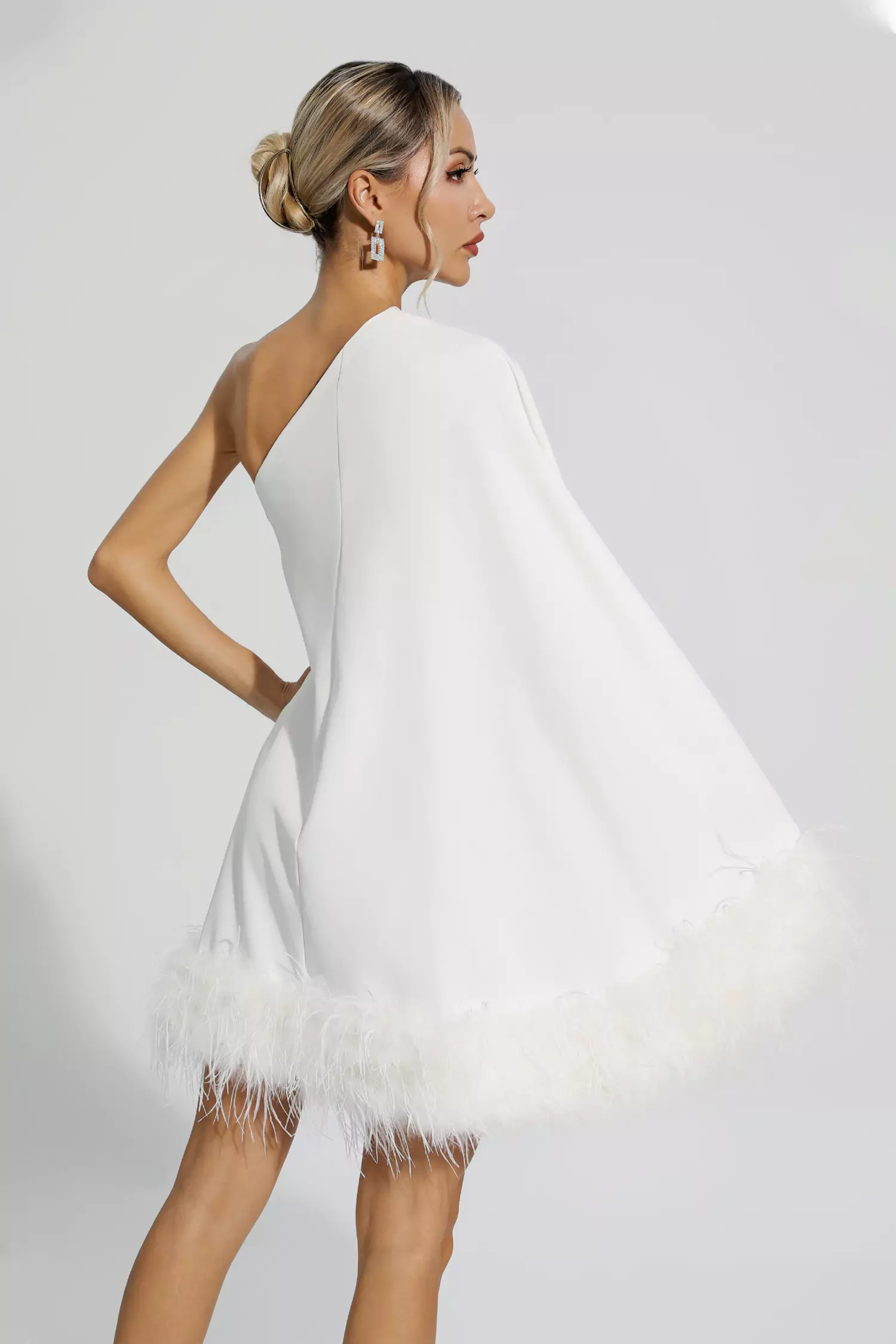 Ailani White Feather Trim One Shoulder Mini Dress-CATCHALL