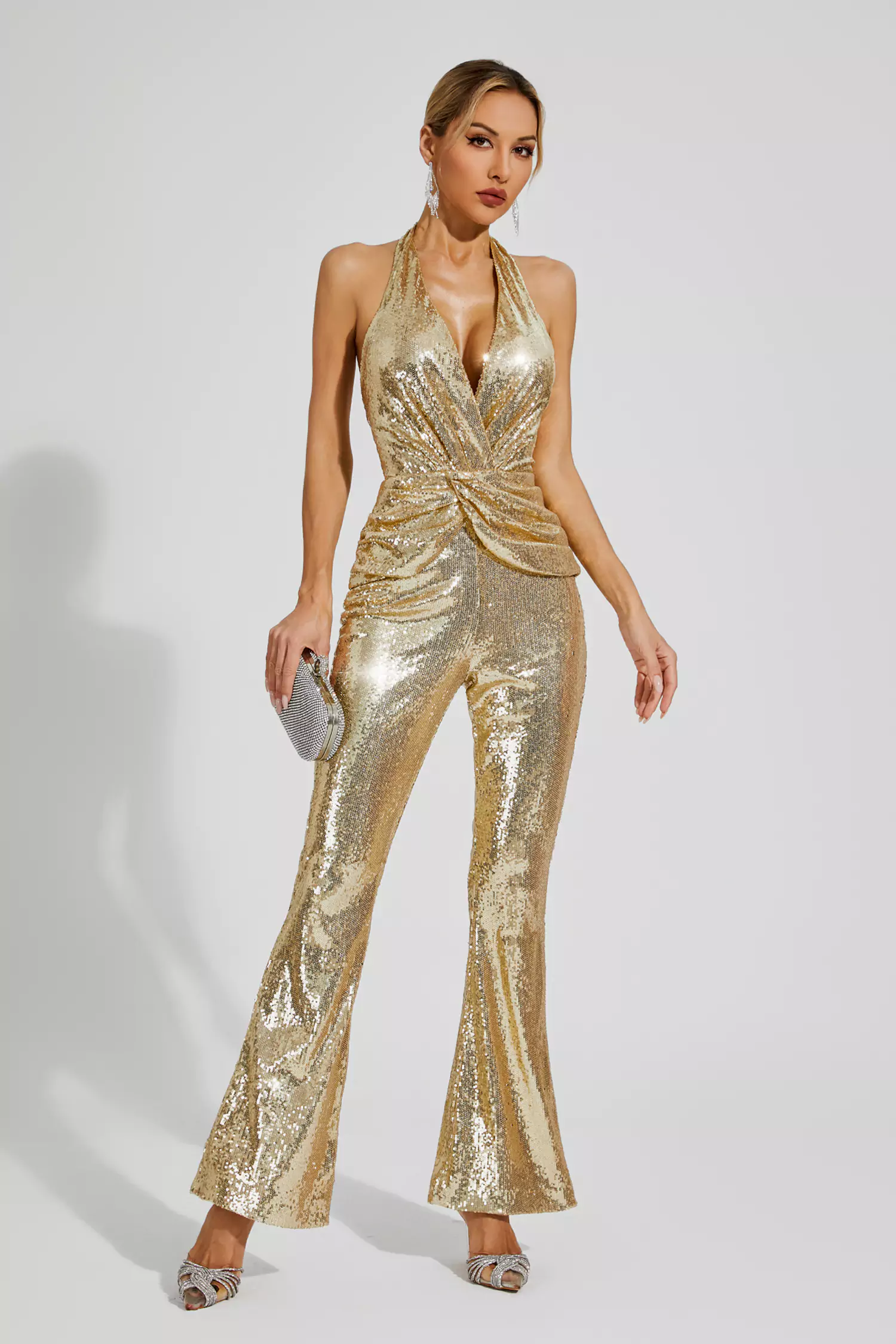 Kelly Gold Sequins Halter Jumpsuit-CATCHALL