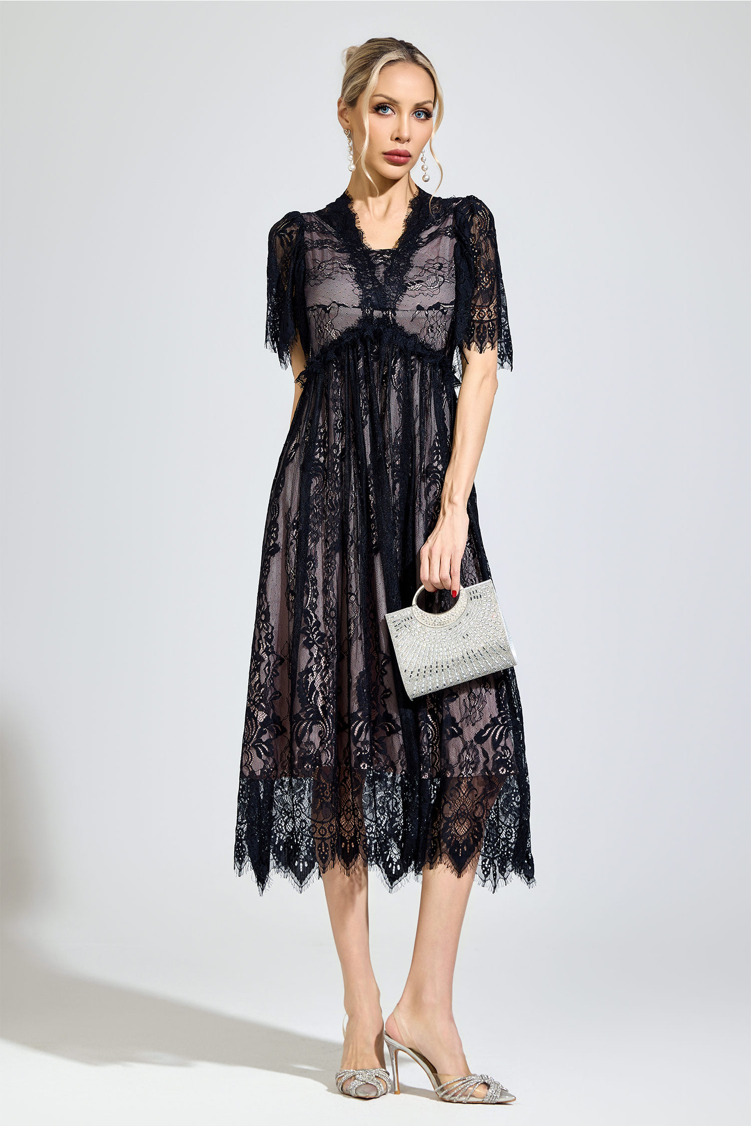 Descartes Black Lace V-Neck Dress