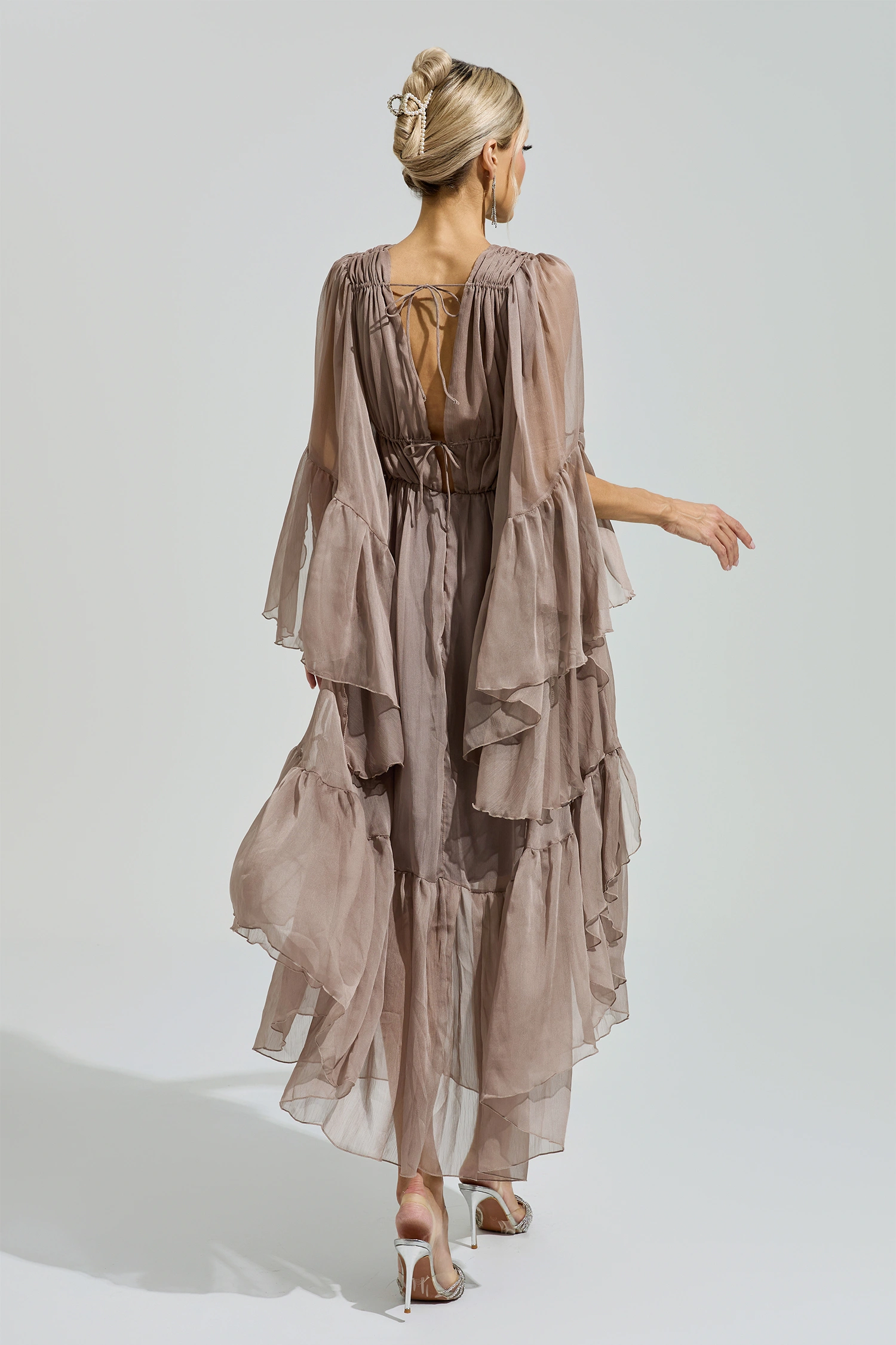 Beauvoir Brown Flounce Sleeve Dress