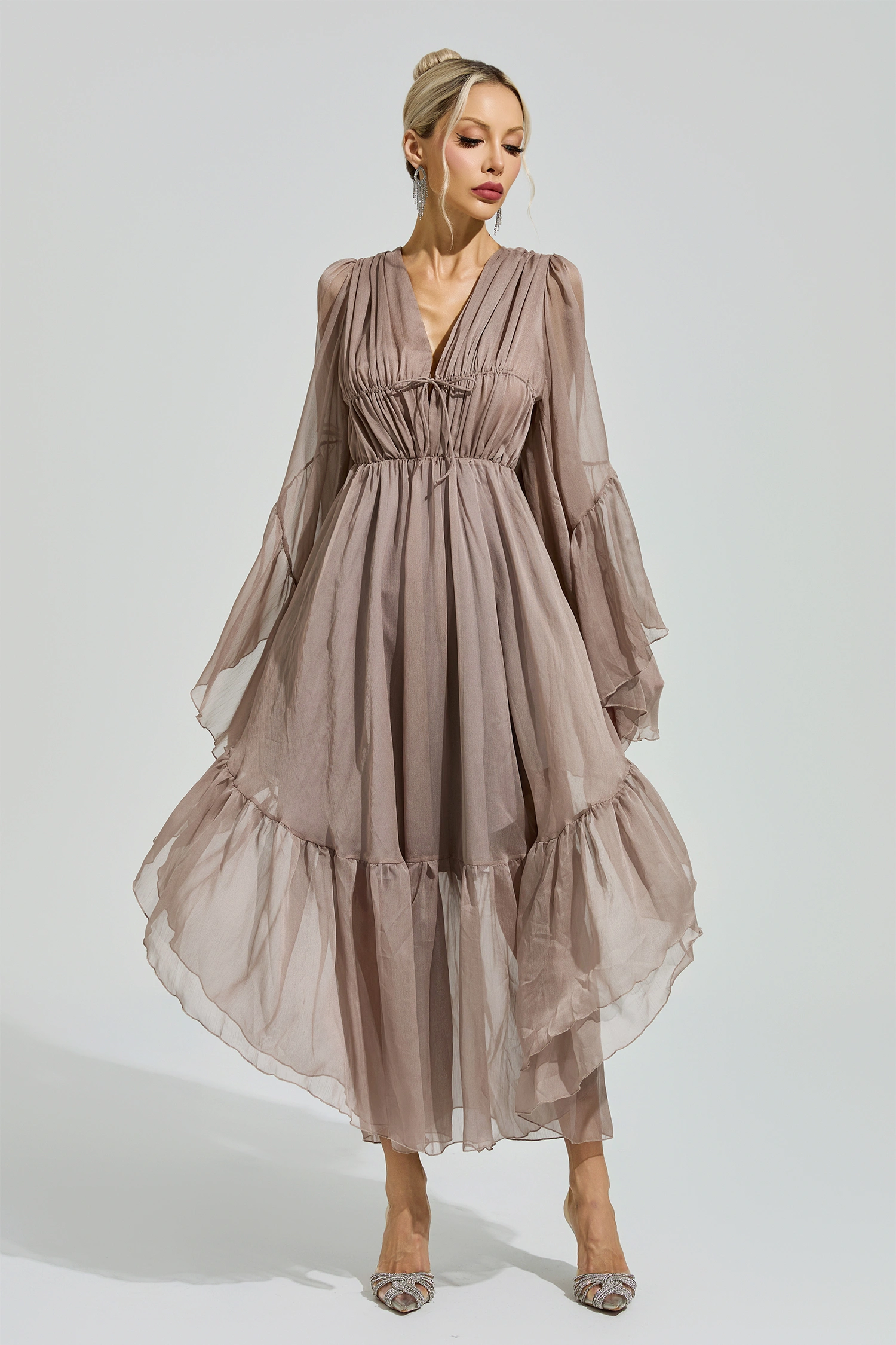 Beauvoir Brown Flounce Sleeve Dress