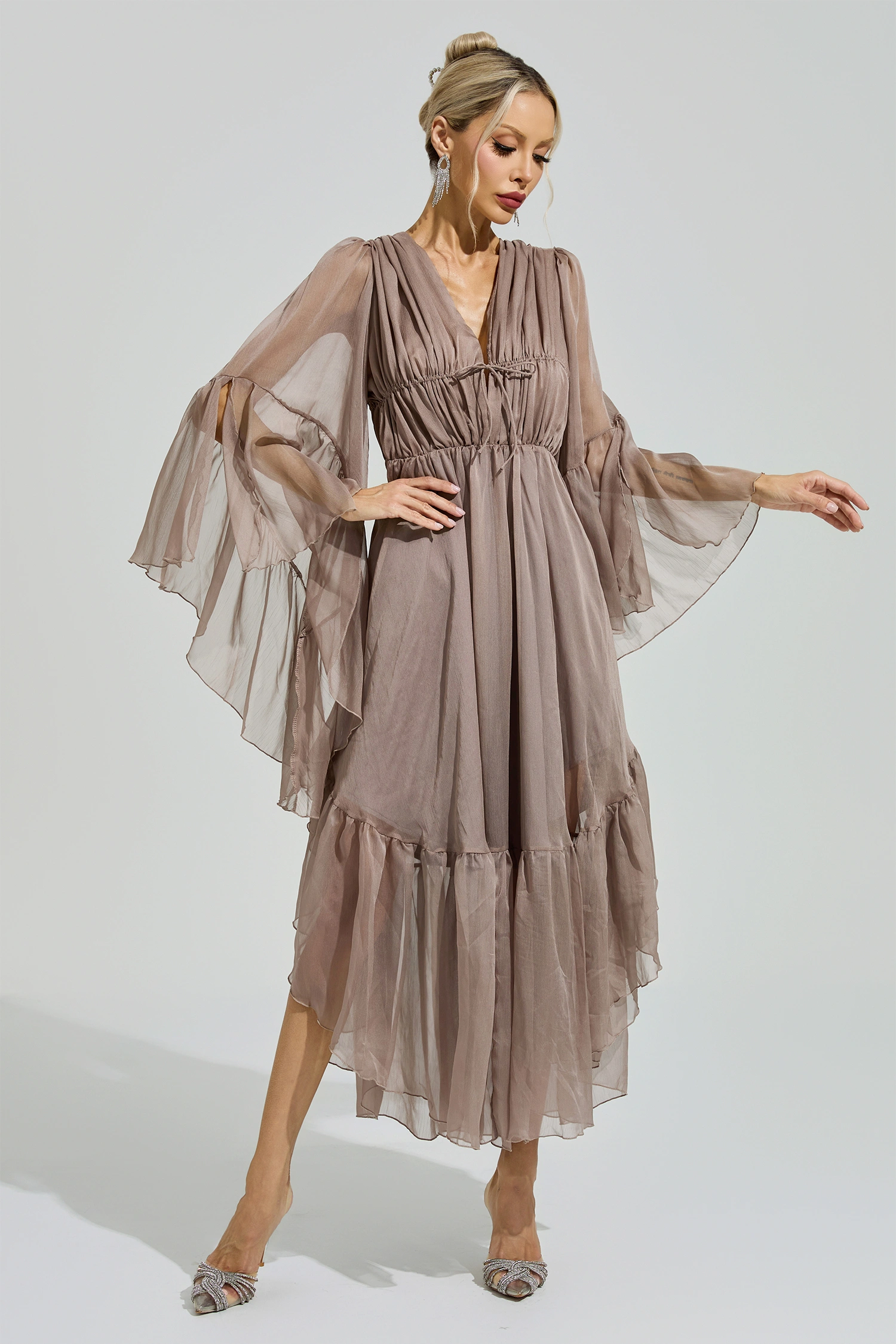 Beauvoir Brown Flounce Sleeve Dress