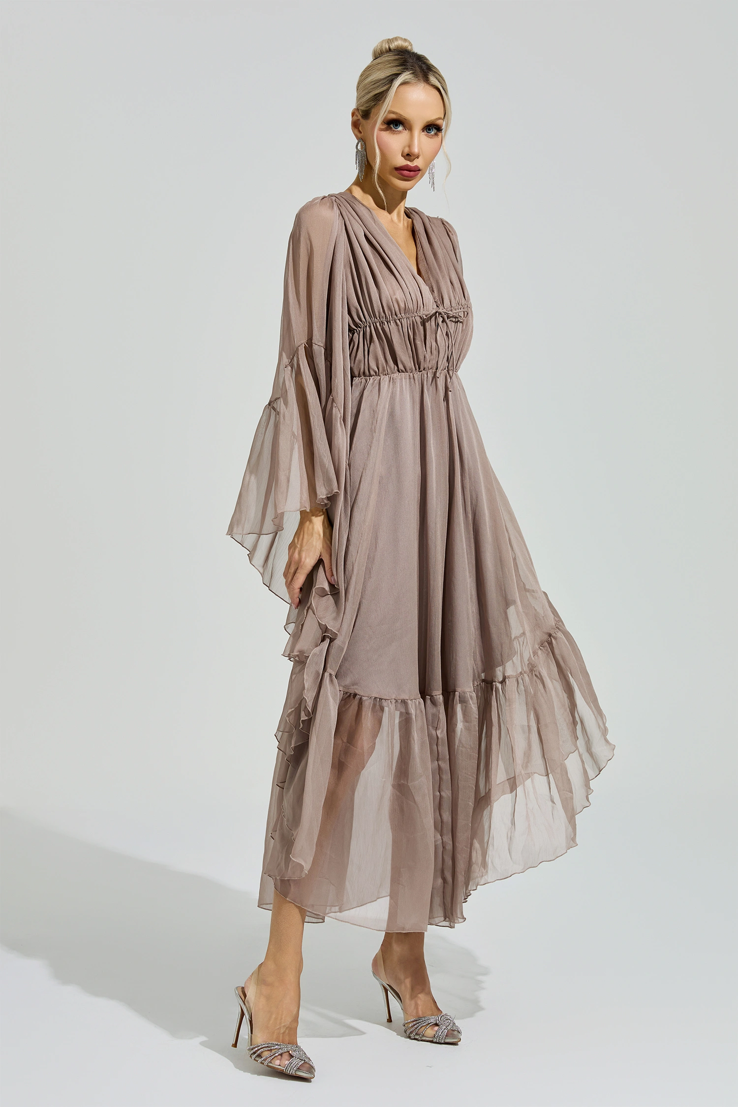 Beauvoir Brown Flounce Sleeve Dress