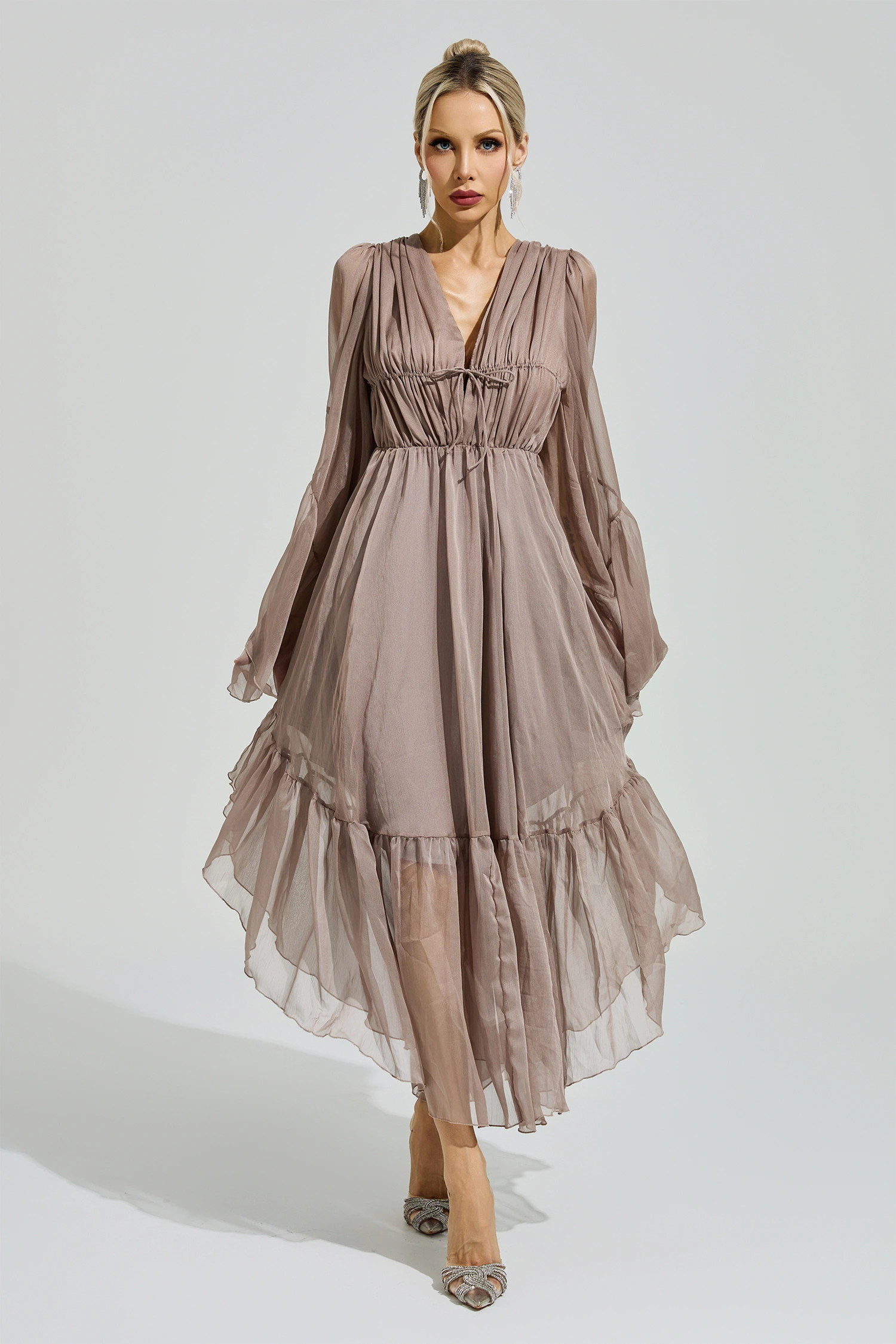 Beauvoir Brown Flounce Sleeve Dress