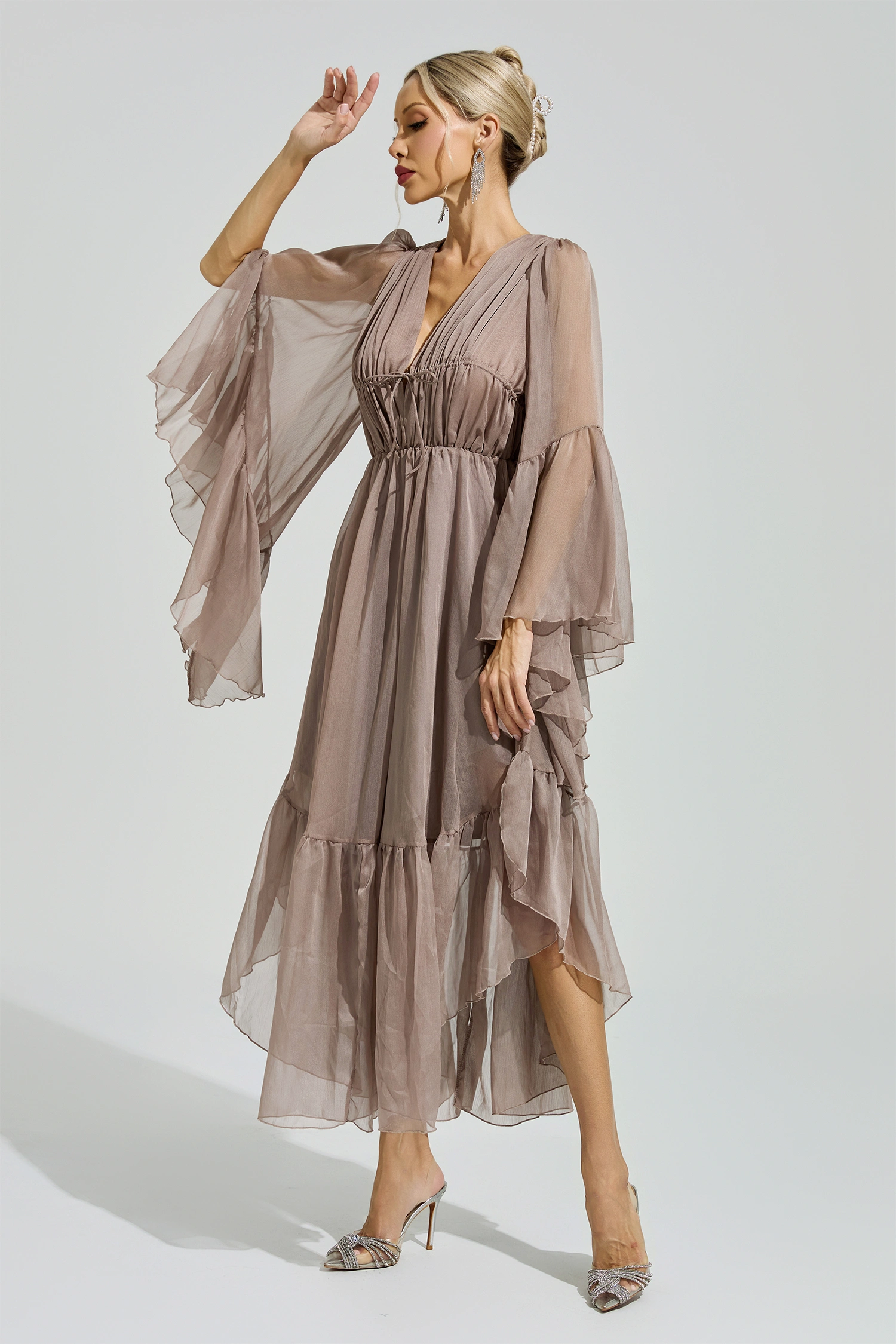 Beauvoir Brown Flounce Sleeve Dress