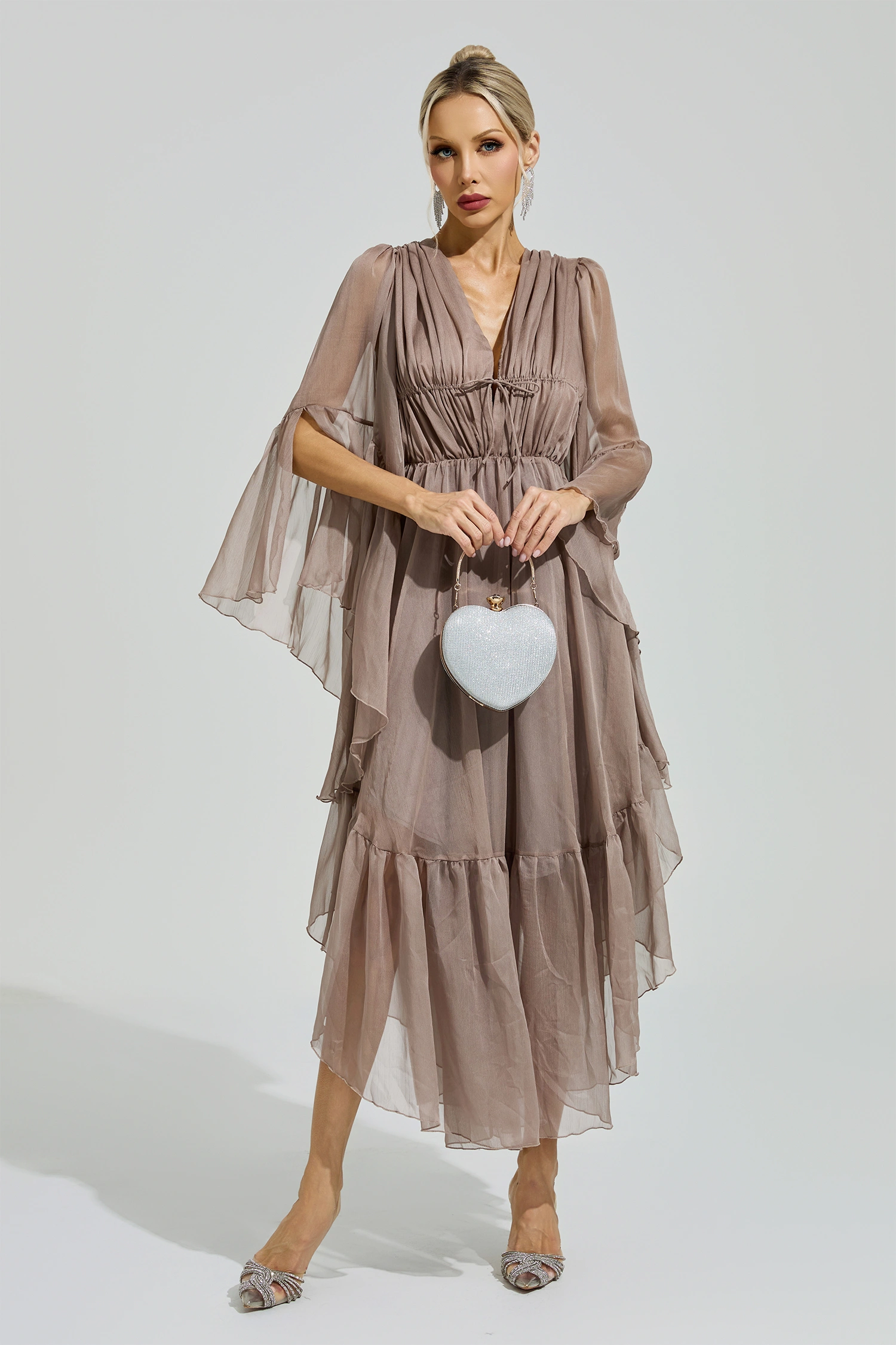 Beauvoir Brown Flounce Sleeve Dress
