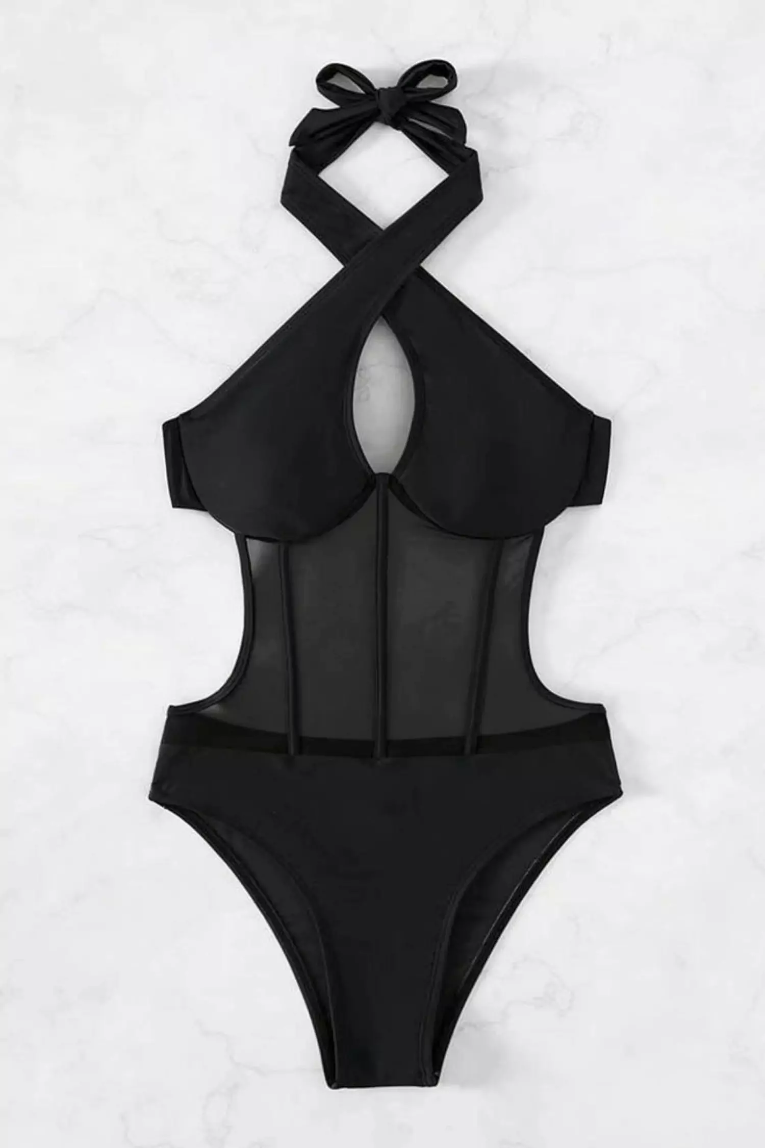 Burke Black Halter Mesh One Piece Swimwear-CATCHALL