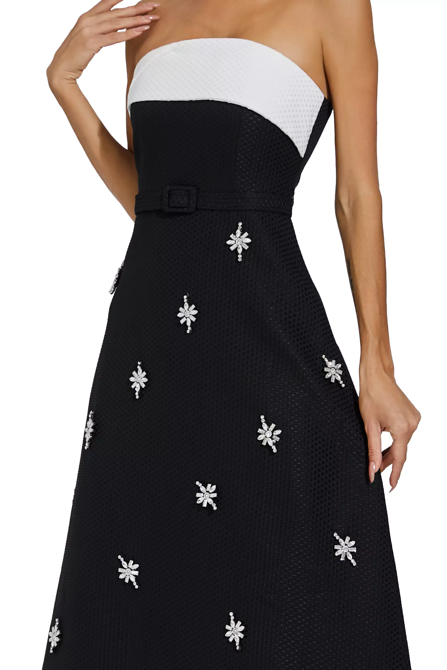 Emberlynn Black White Patchwork Midi Dress-CATCHALL