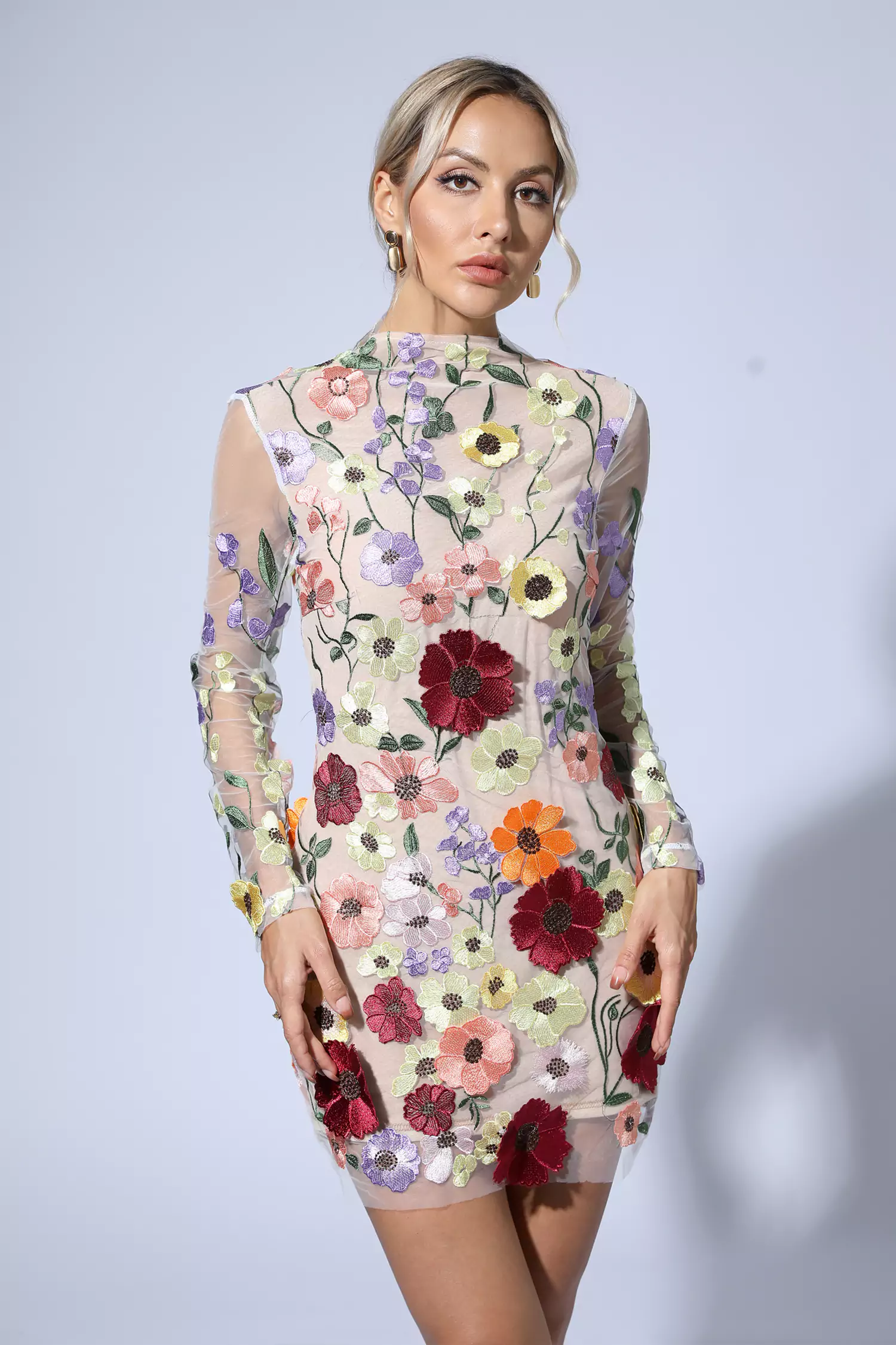 Danna Flesh Pink Floral Embroidery Mini Dress-CATCHALL
