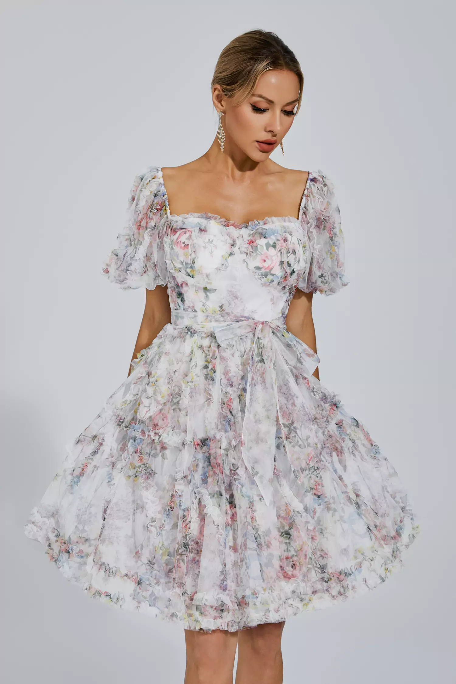 Aarna White Bubble Sleeve Mesh Mini Dress