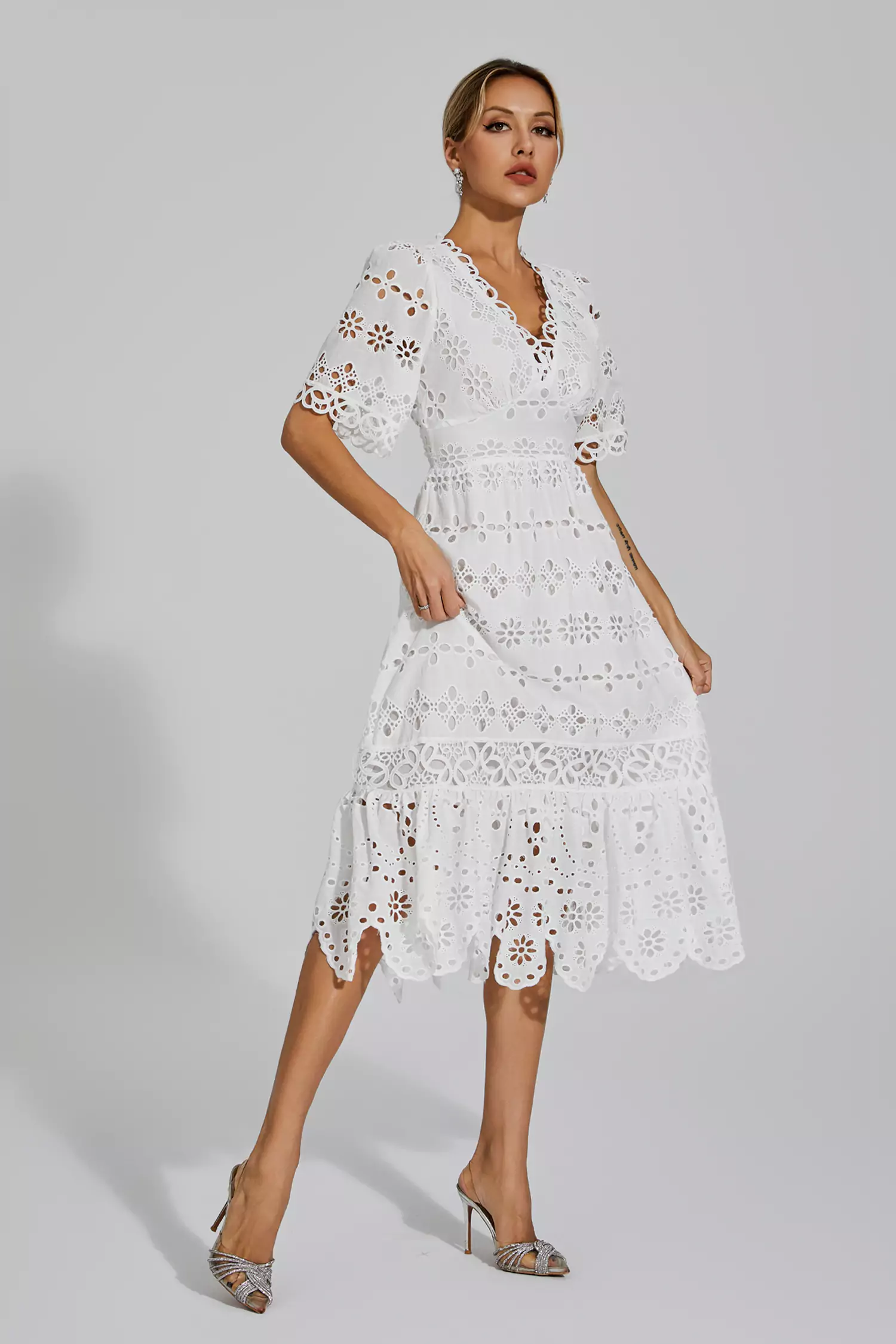 Aarya White Cut Out Midi Dress-CATCHALL